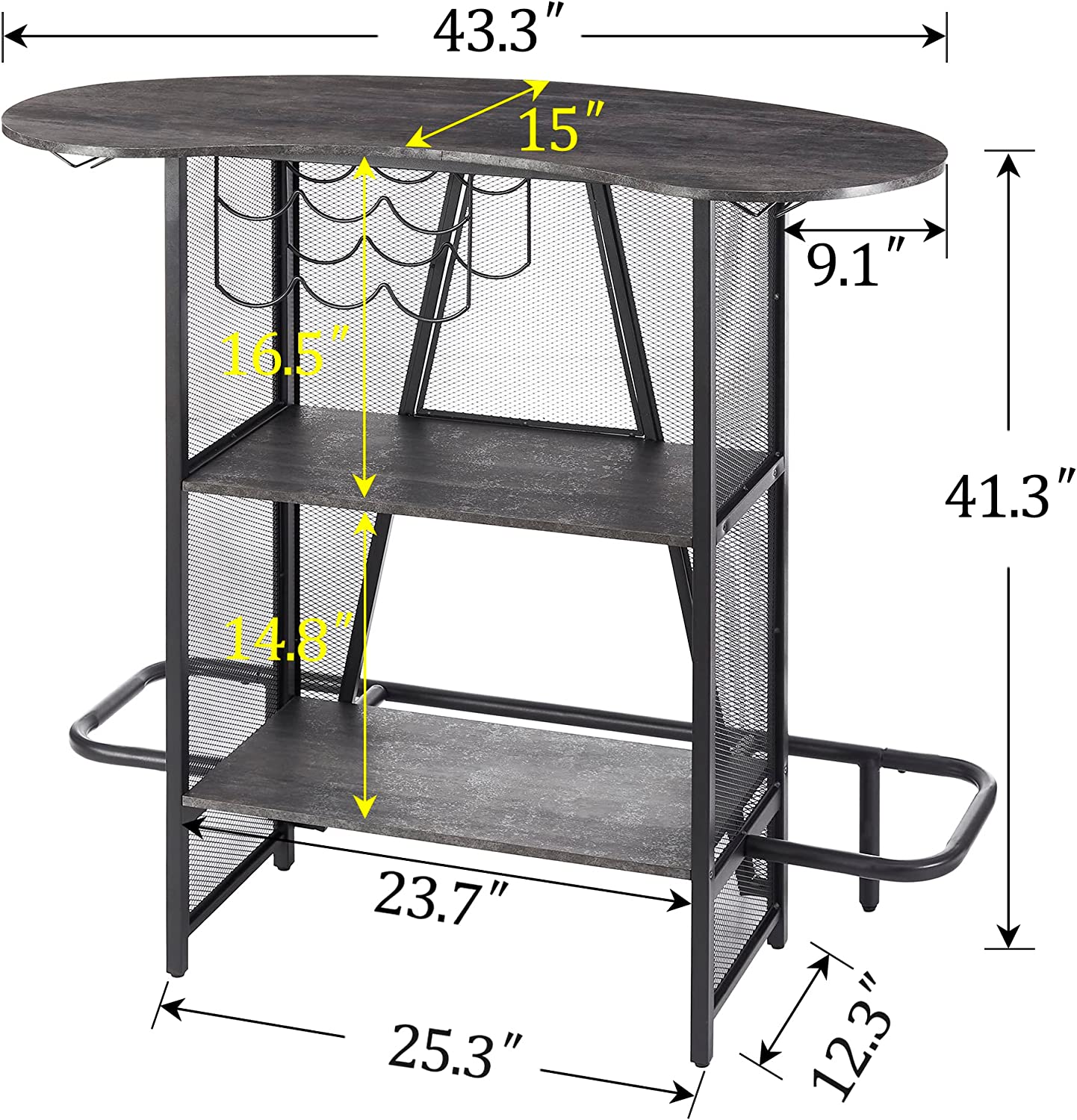 VECELO Bar Unit with Metal Mesh Front, 3-Tier Wine Rack Table with Glasses Holder - VECELO