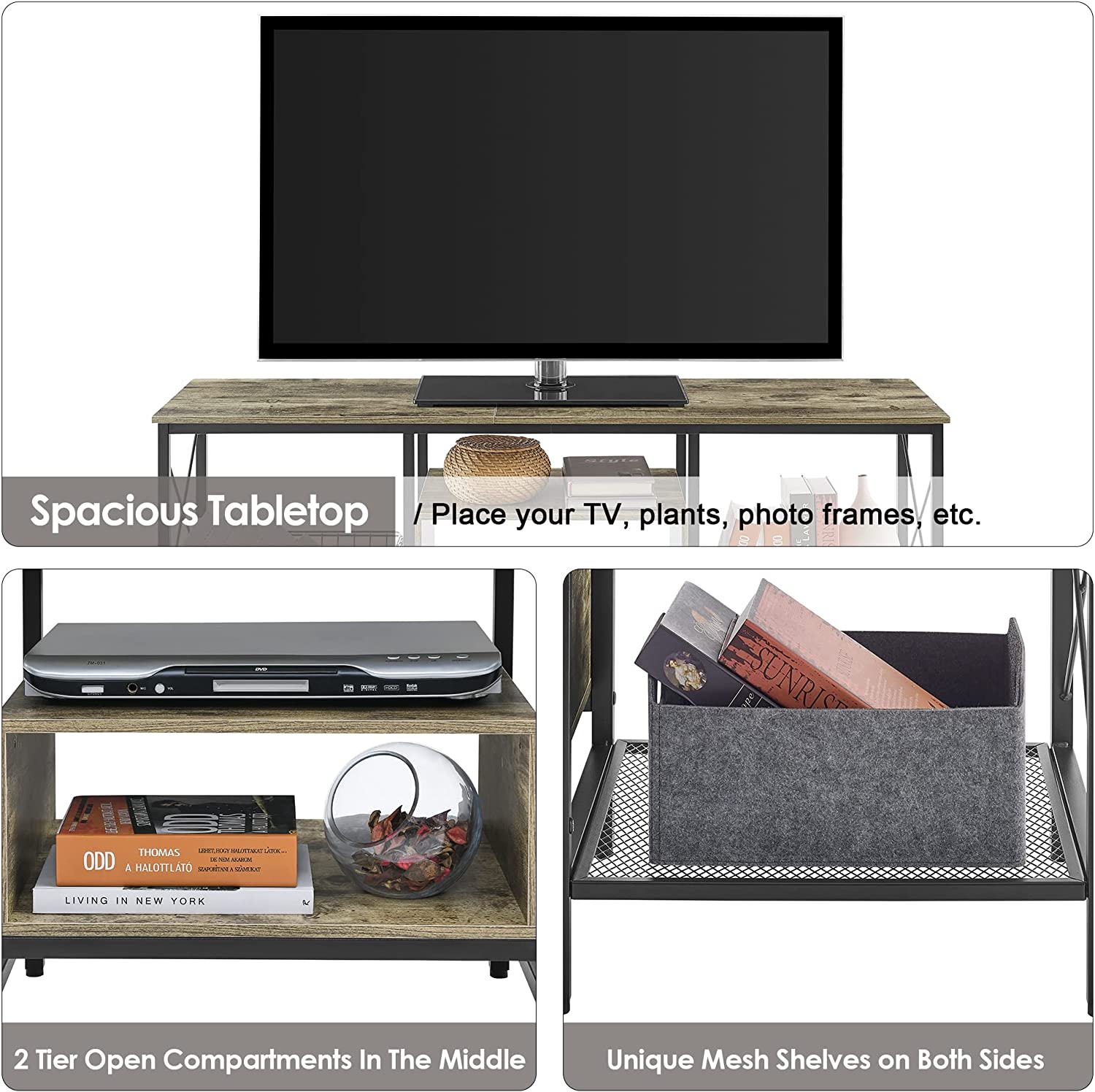 VECELO Industrial TV Stand Television Cabinet 3-Tier Console with Open Storage Shelves, Entertainment Center with Metal Frame for Living Room