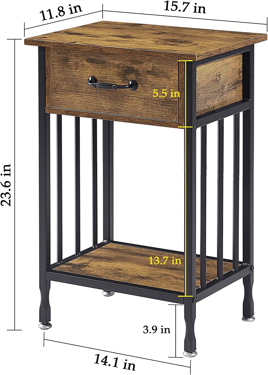 VECELO Industrial End Table,Nightstand with Drawer and Storage Shelf