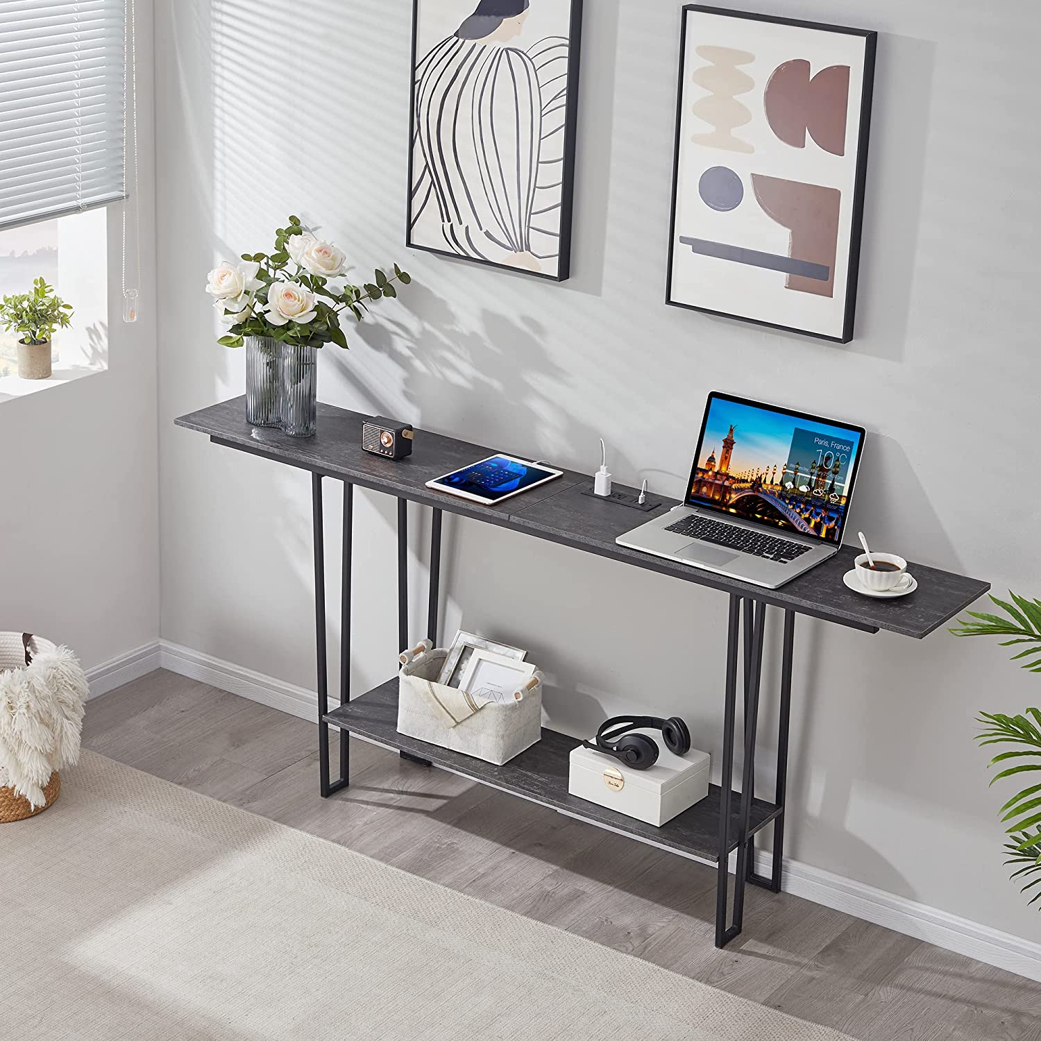 VECELO Couch Side & Console Table with 2 Outlets & 2 USB Ports