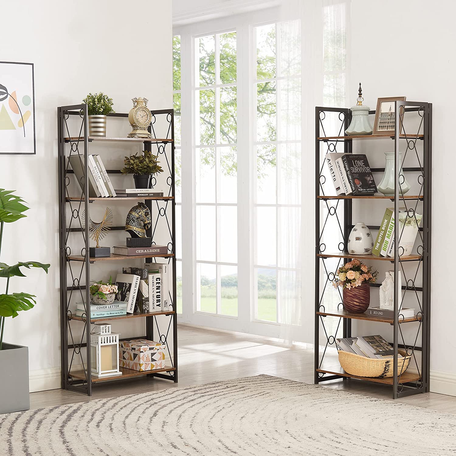 VECELO Bookshelf No Assembly, 5 Shelf Folding Bookcase, Book Shelves Organizer