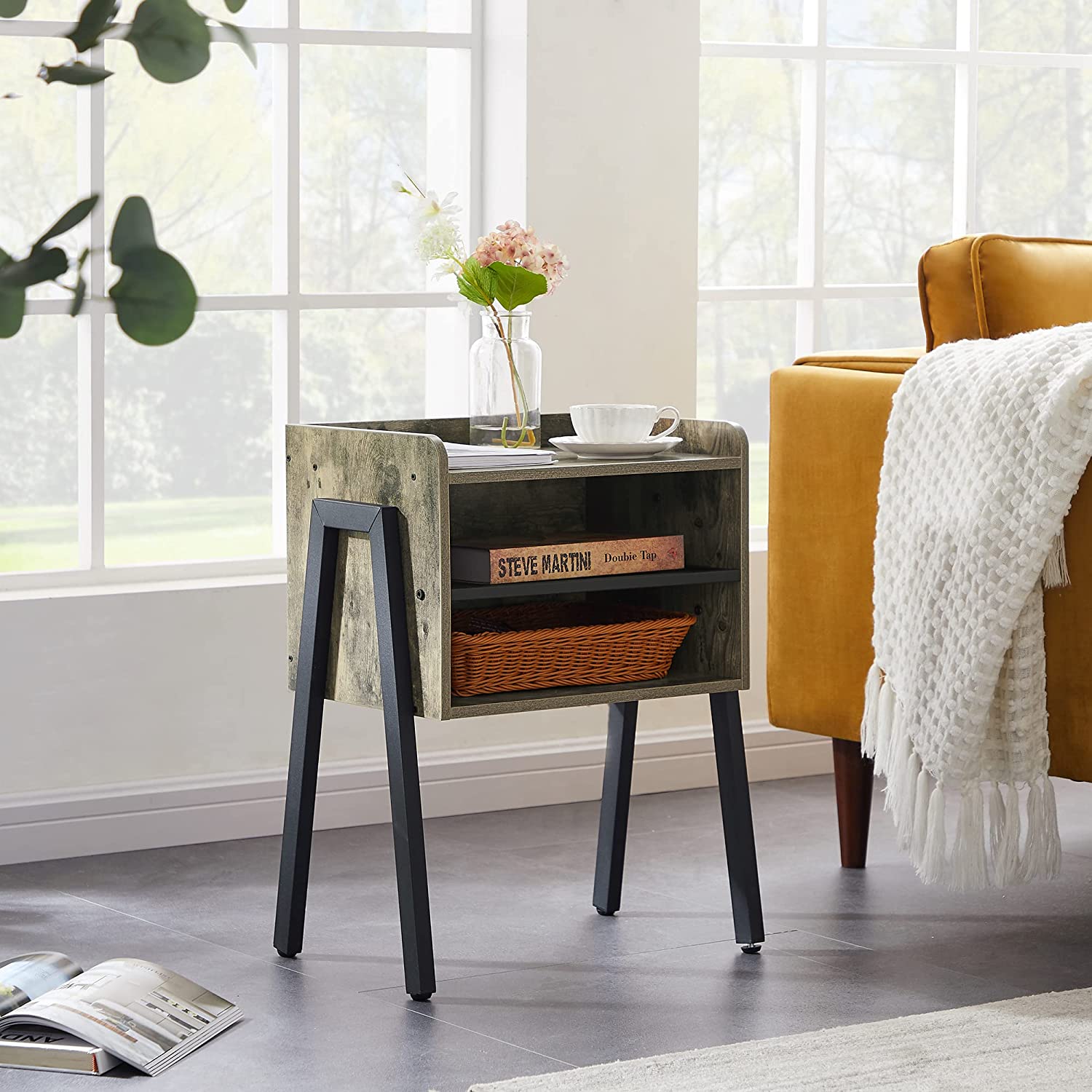 VECELO Nightstand Industrial Side End Table Accent Furniture with 2-Tier Open Storage Compartments
