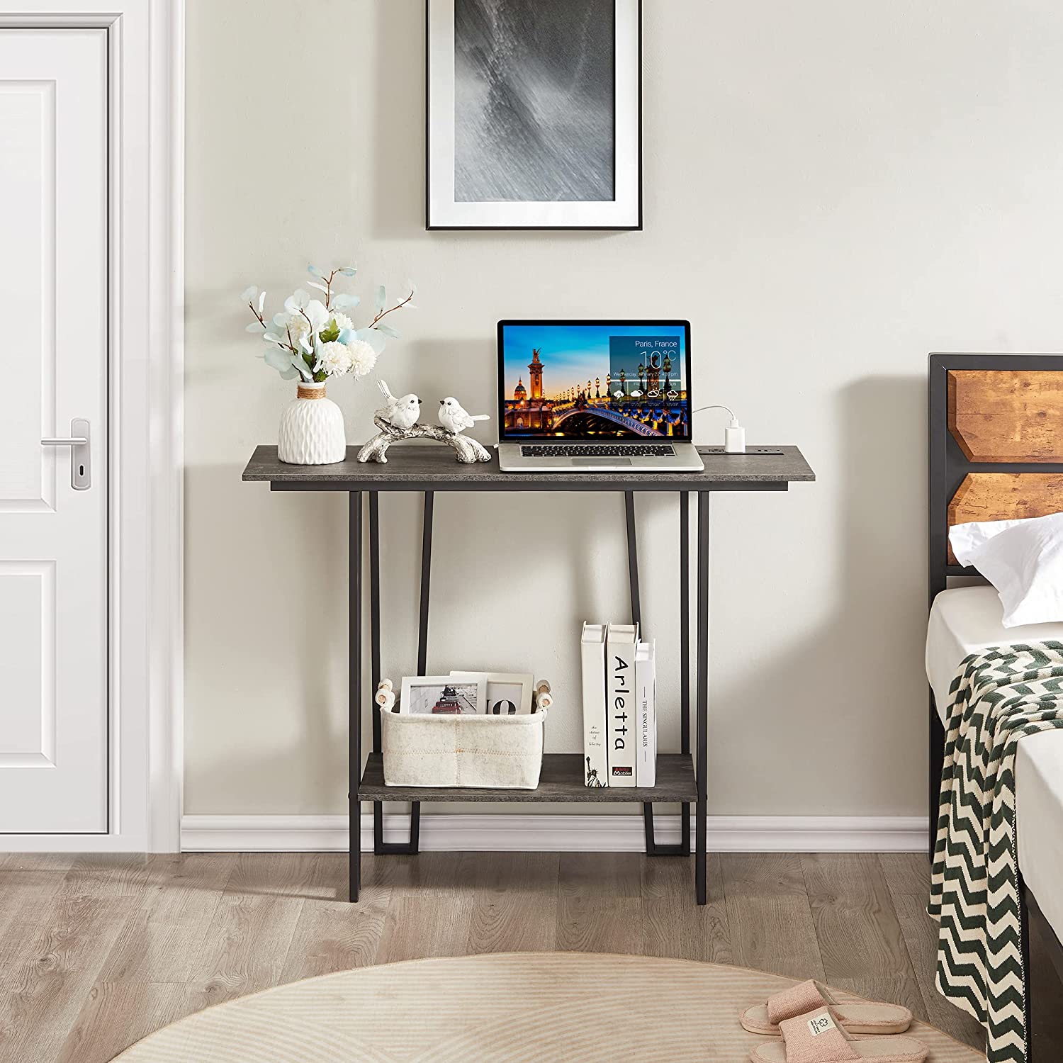 VECELO Couch Side & Console Table with 2 Outlets & 2 USB Ports