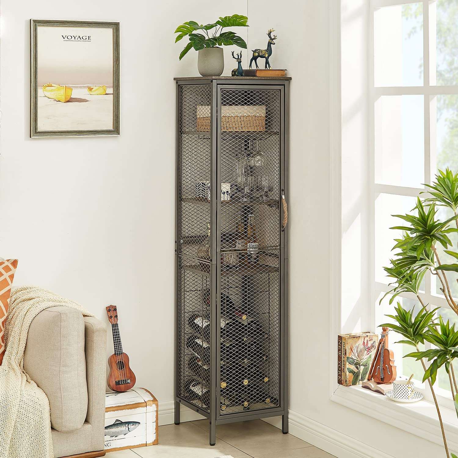 VECELO 3 tier Industrial Wine Bar Rack Storage Cabinet for Liquor and Glasses Holder Dishes