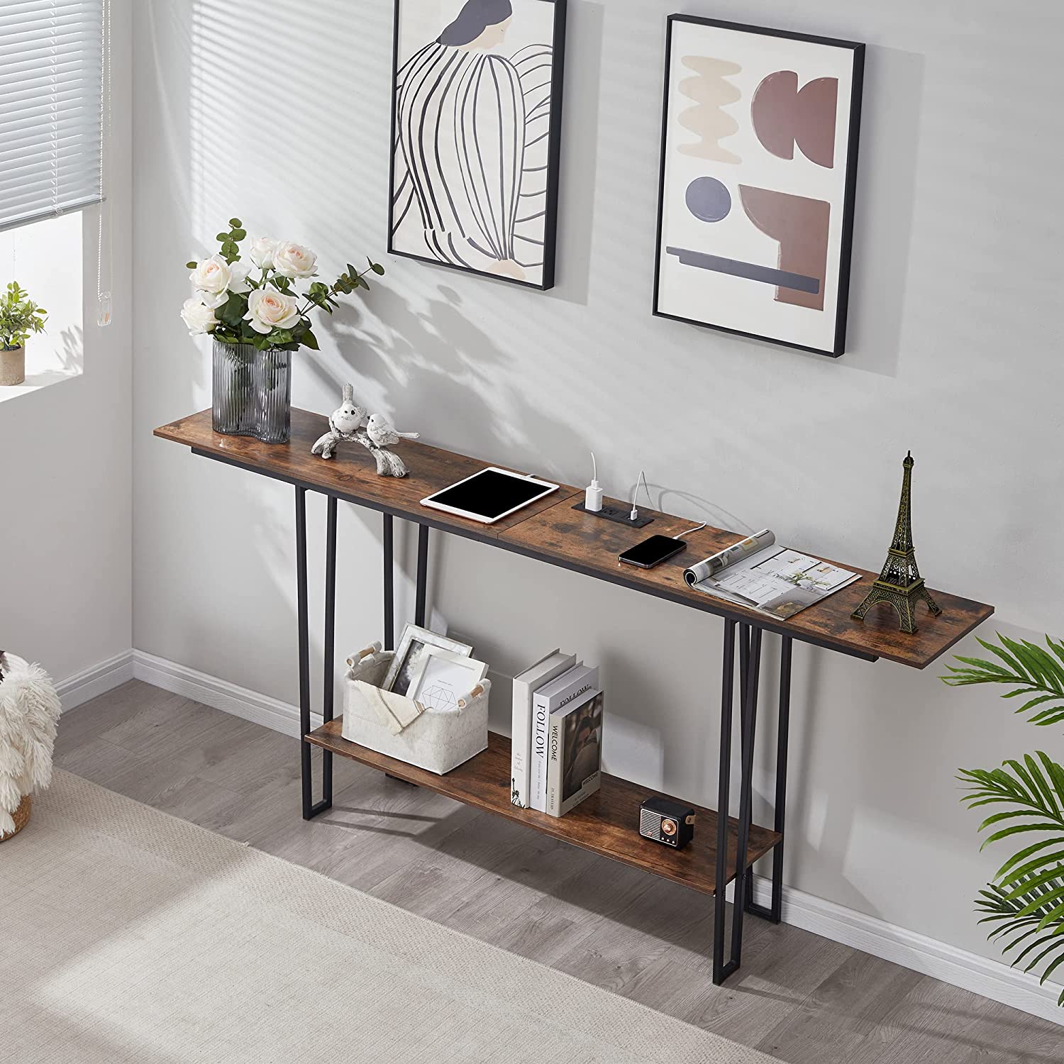 VECELO Couch Side & Console Table with 2 Outlets & 2 USB Ports