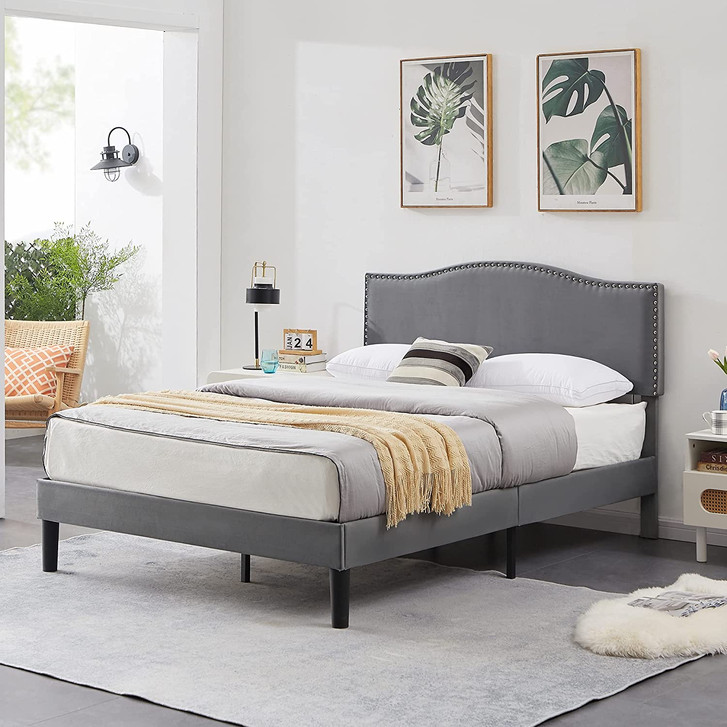 VECELO Bed Frame Platform with Upholstered Headboard & Wooden Slats Support - VECELO