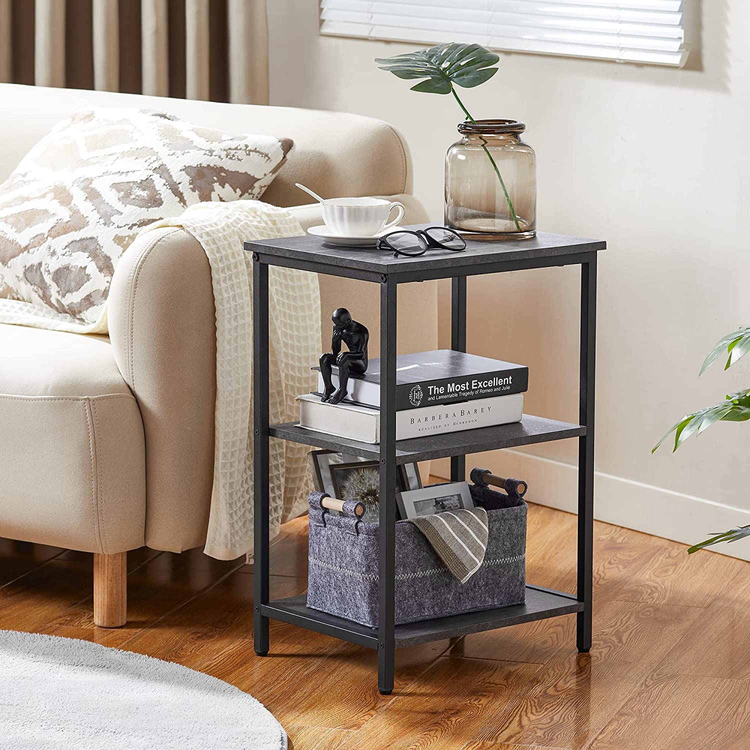 VECELO End Side Table with Storage Shelves Industrial Night Stand, 3-Tier Slim Nightstand for Living Room, Bedroom