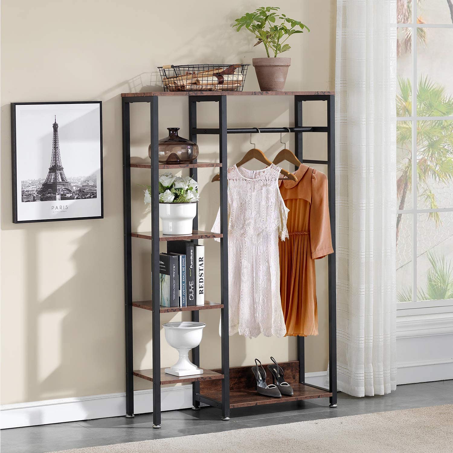 4 tiers closet/storage organizer with Shelves and Hanging Rod
