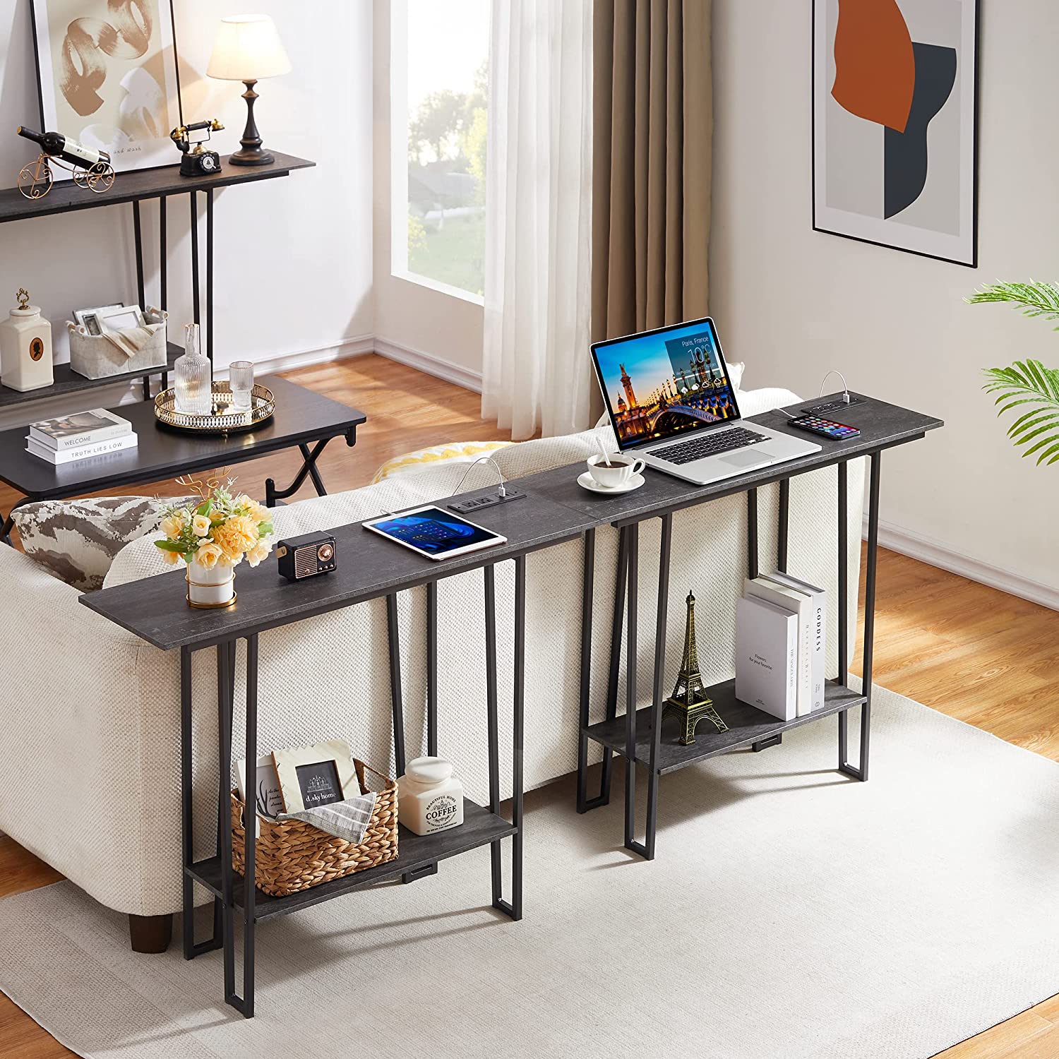 VECELO Couch Side & Console Table with 2 Outlets & 2 USB Ports