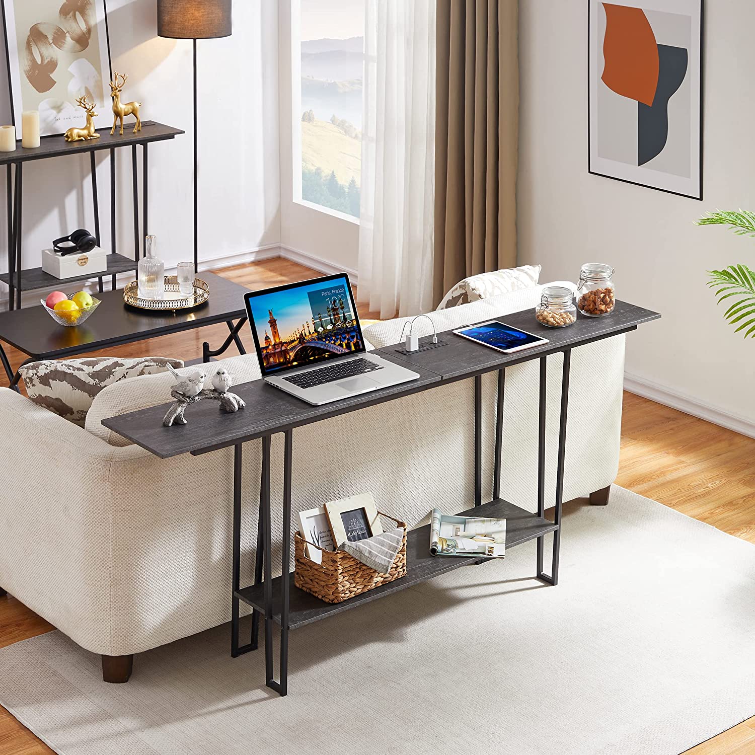 VECELO Couch Side & Console Table with 2 Outlets & 2 USB Ports