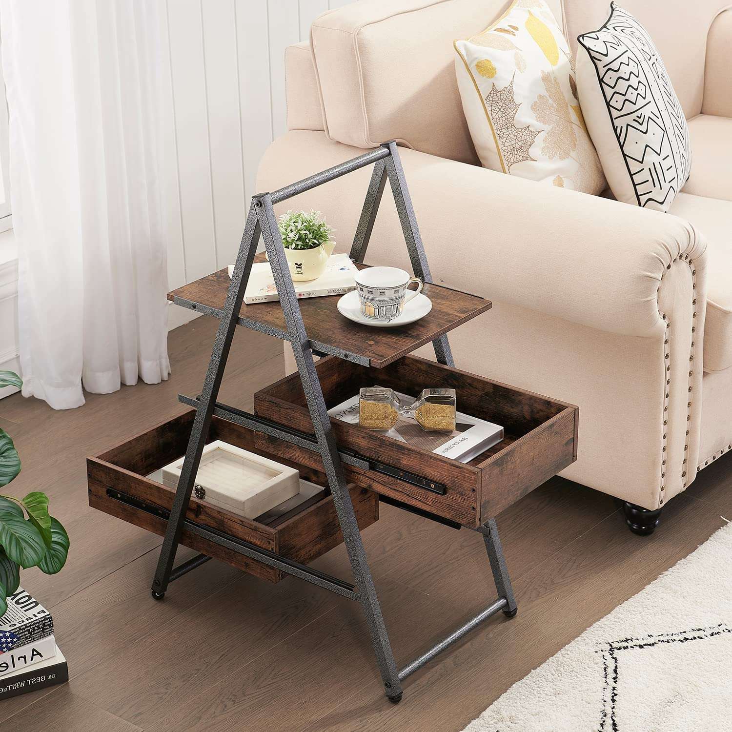 VECELO 3-Tier Industrial Versatile End Side Table with Large Storage