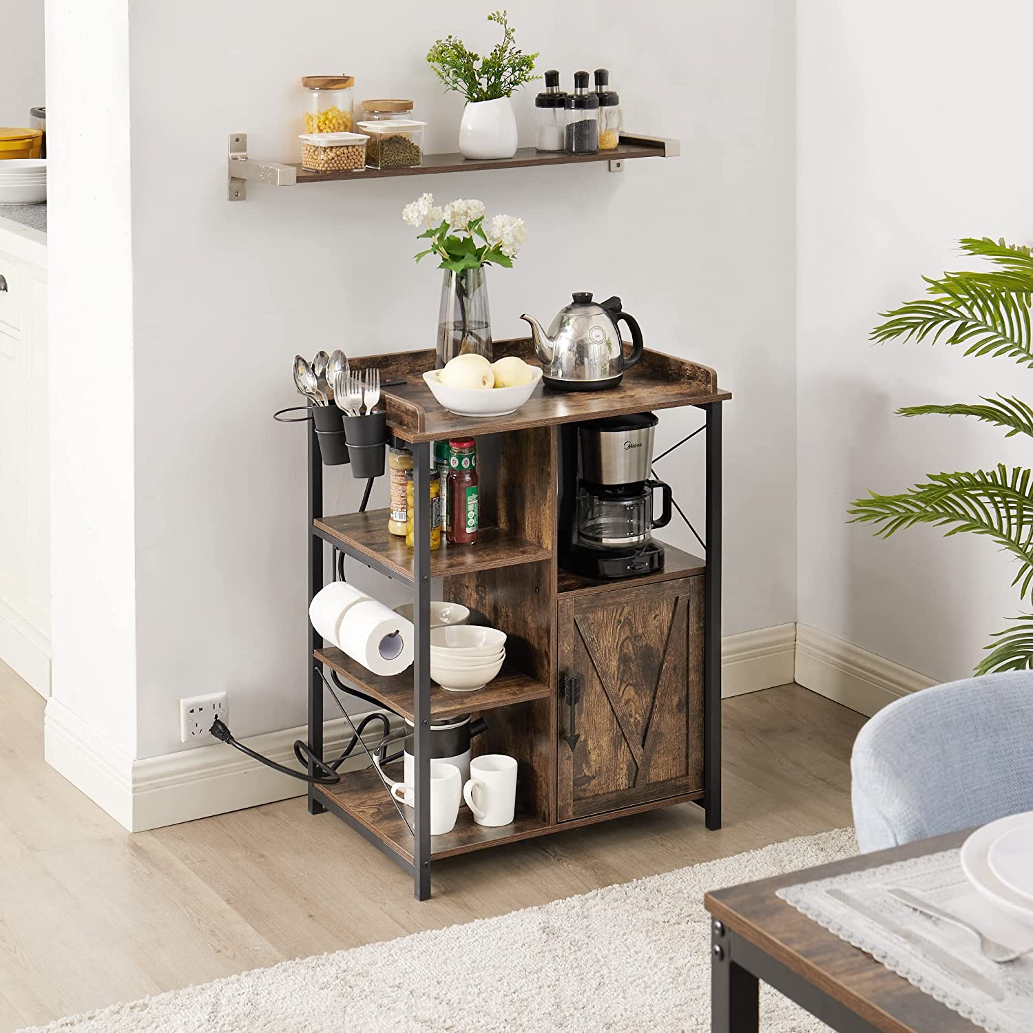 VECELO Floor Cabinet, Freestanding Storage Organizer with 2 Outlets & 3 Shelves for Bathroom, Kitchen,Hallway