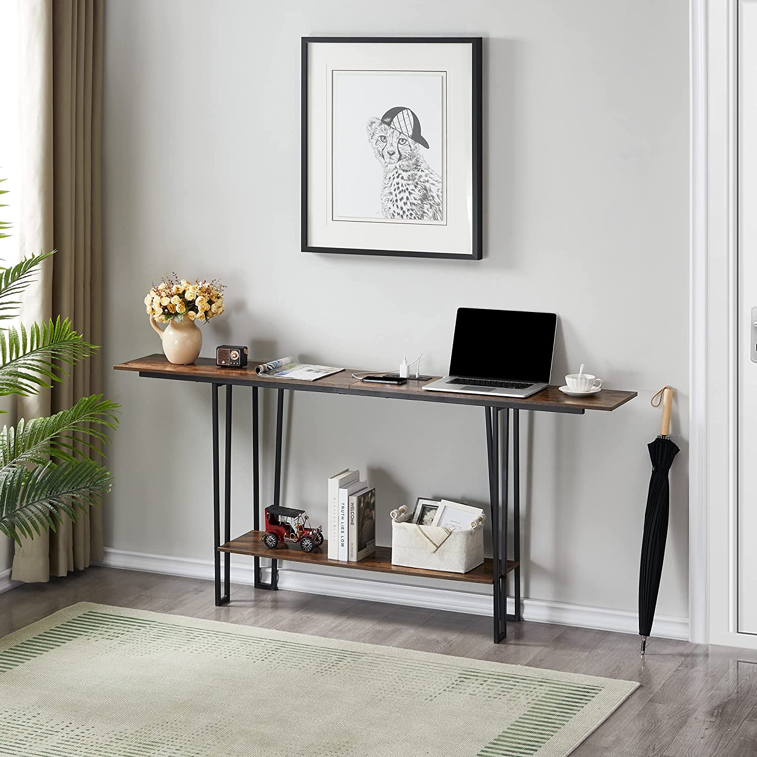 VECELO Couch Side & Console Table with 2 Outlets & 2 USB Ports