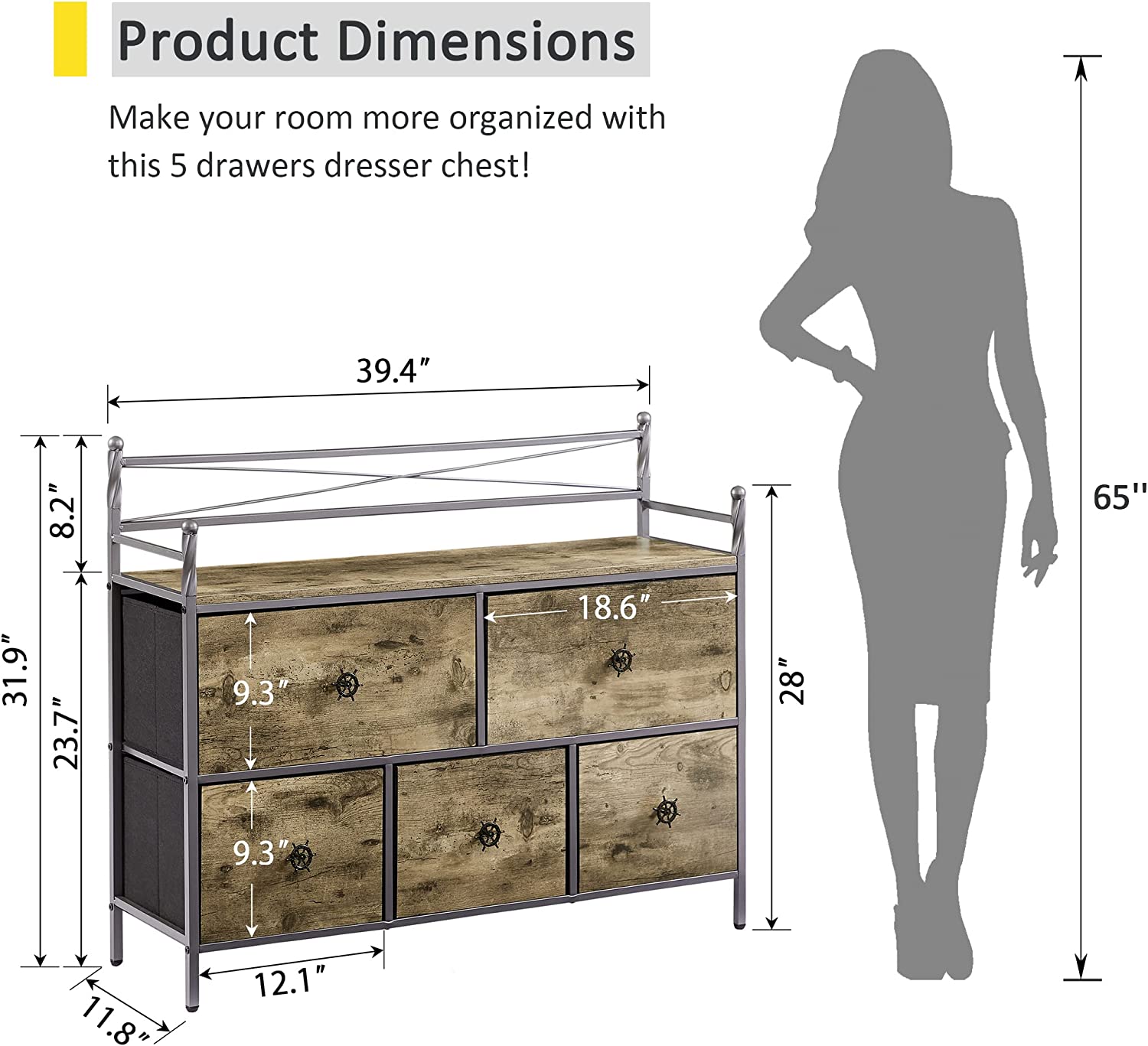 VECELO Dresser for Bedroom with 5 Drawers, Storage Organizer Unit Wide Chest