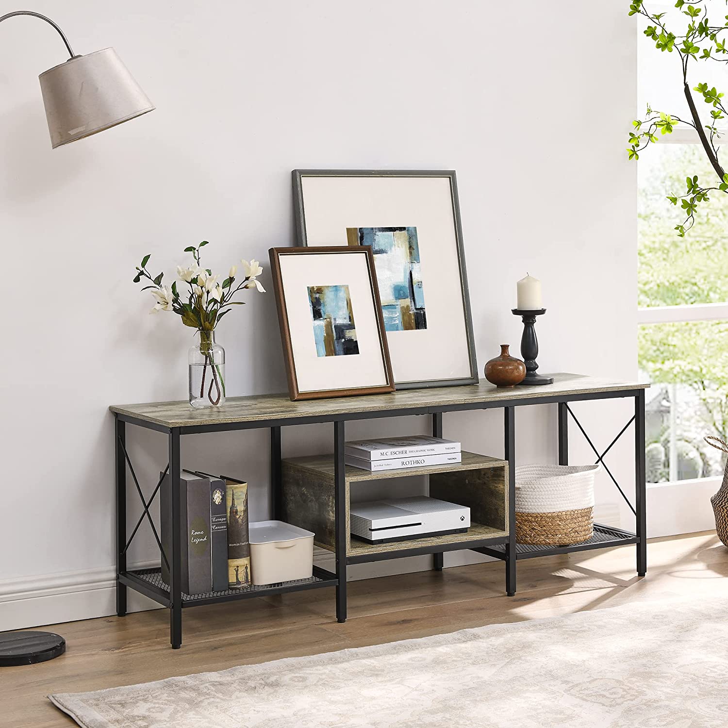 VECELO Industrial TV Stand Television Cabinet 3-Tier Console with Open Storage Shelves, Entertainment Center with Metal Frame for Living Room