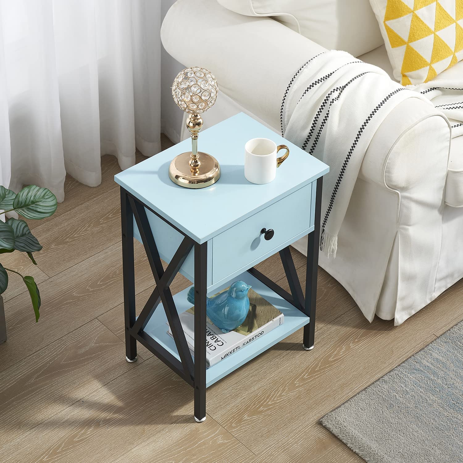 VECELO Night Stands Bedside End Table X-Design with Drawer&Storage Shelf for Living Room Bedroom, Nightstand with Drawer