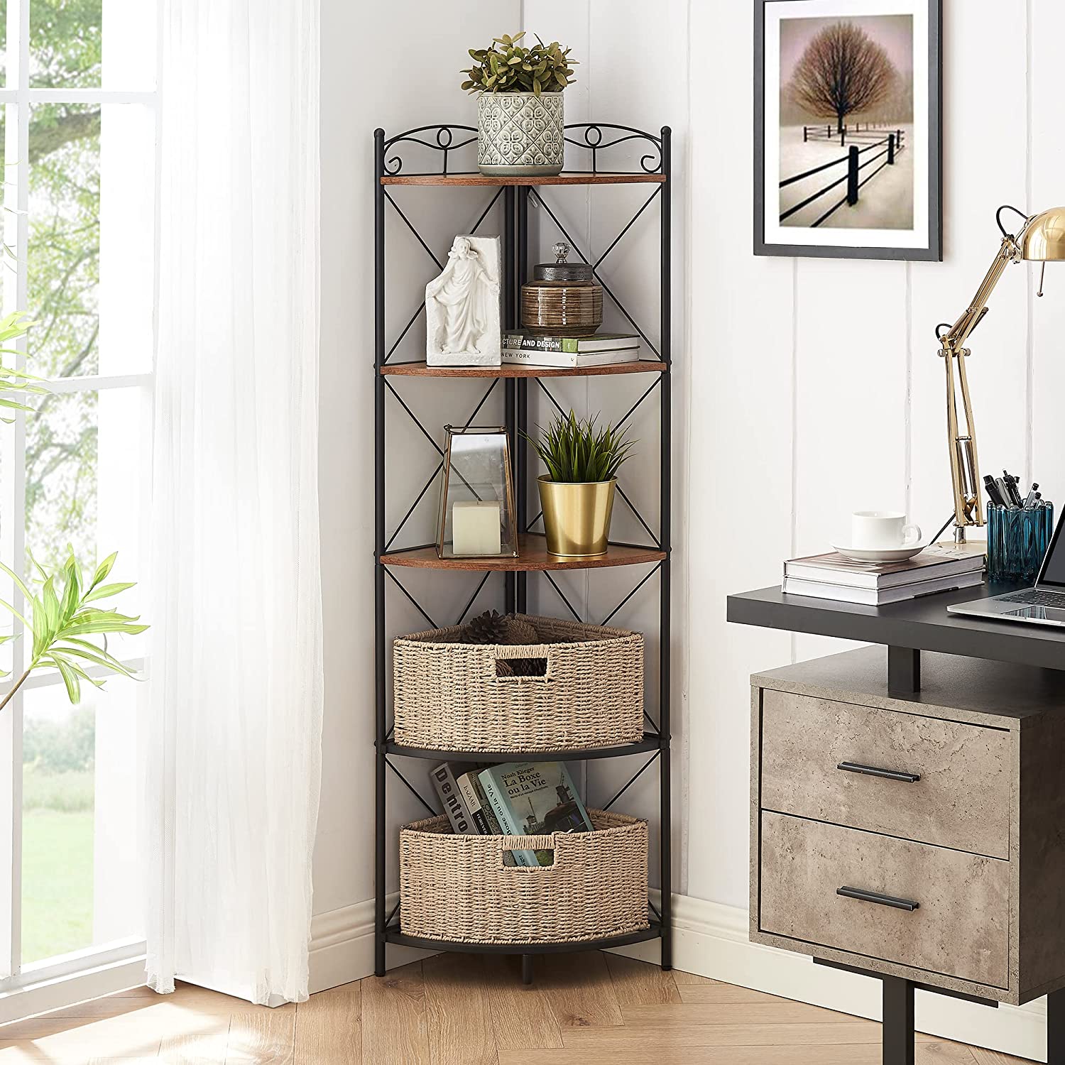 VECELO Corner Storage Cabinet with Wooden Shelves Free-Standing Organi