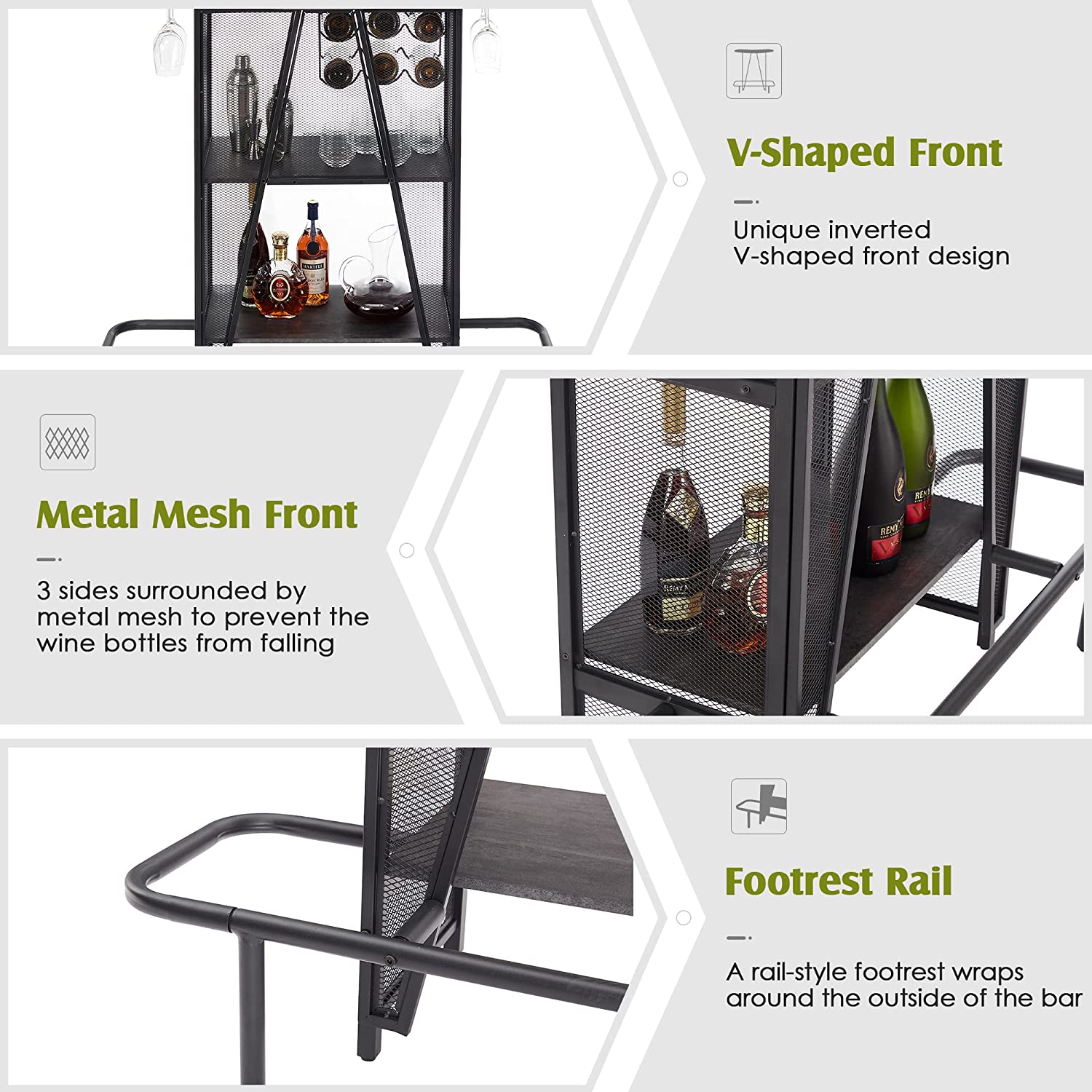 VECELO Bar Unit with Metal Mesh Front, 3-Tier Wine Rack Table with Glasses Holder - VECELO