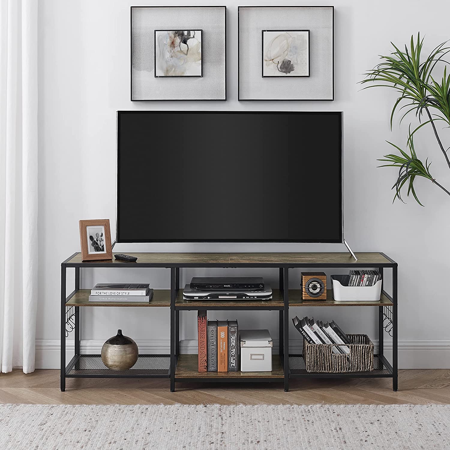 VECELO TV Stand Entertainment Center Media Console with 3-Tier Open Storage Shelves, Cabinet Table for Living Room Brown