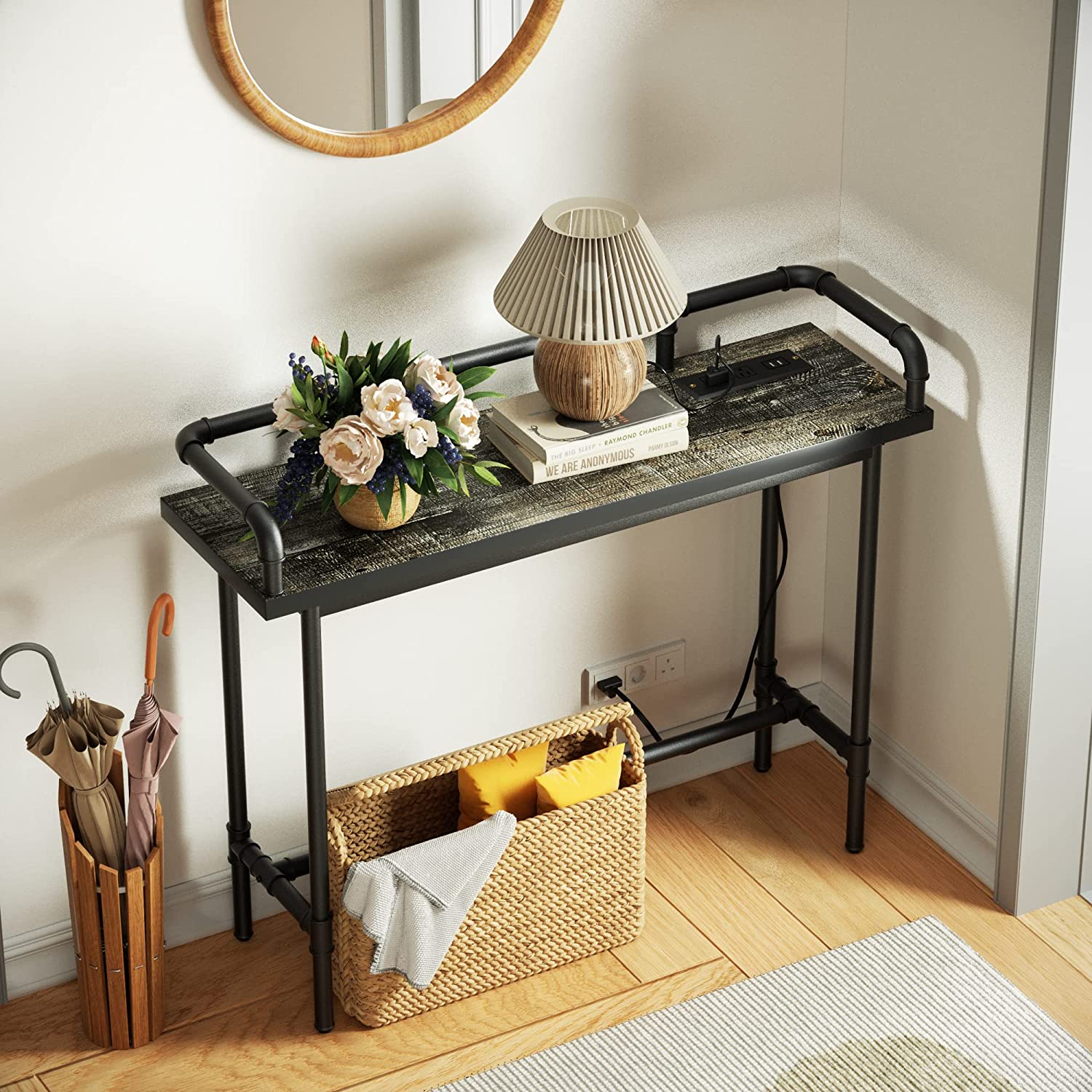 VECELO Extra Long Console/Sofa Table with Charging Station&Power Outle