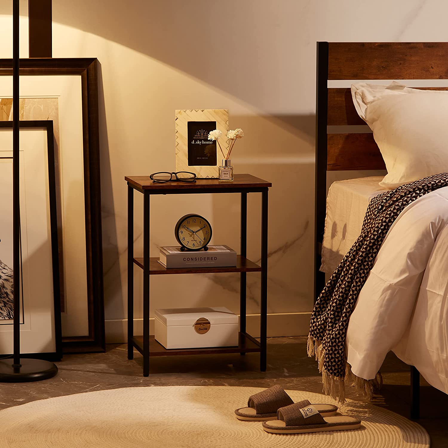 VECELO End Side Table with Storage Shelves Industrial Night Stand, 3-Tier Slim Nightstand for Living Room, Bedroom