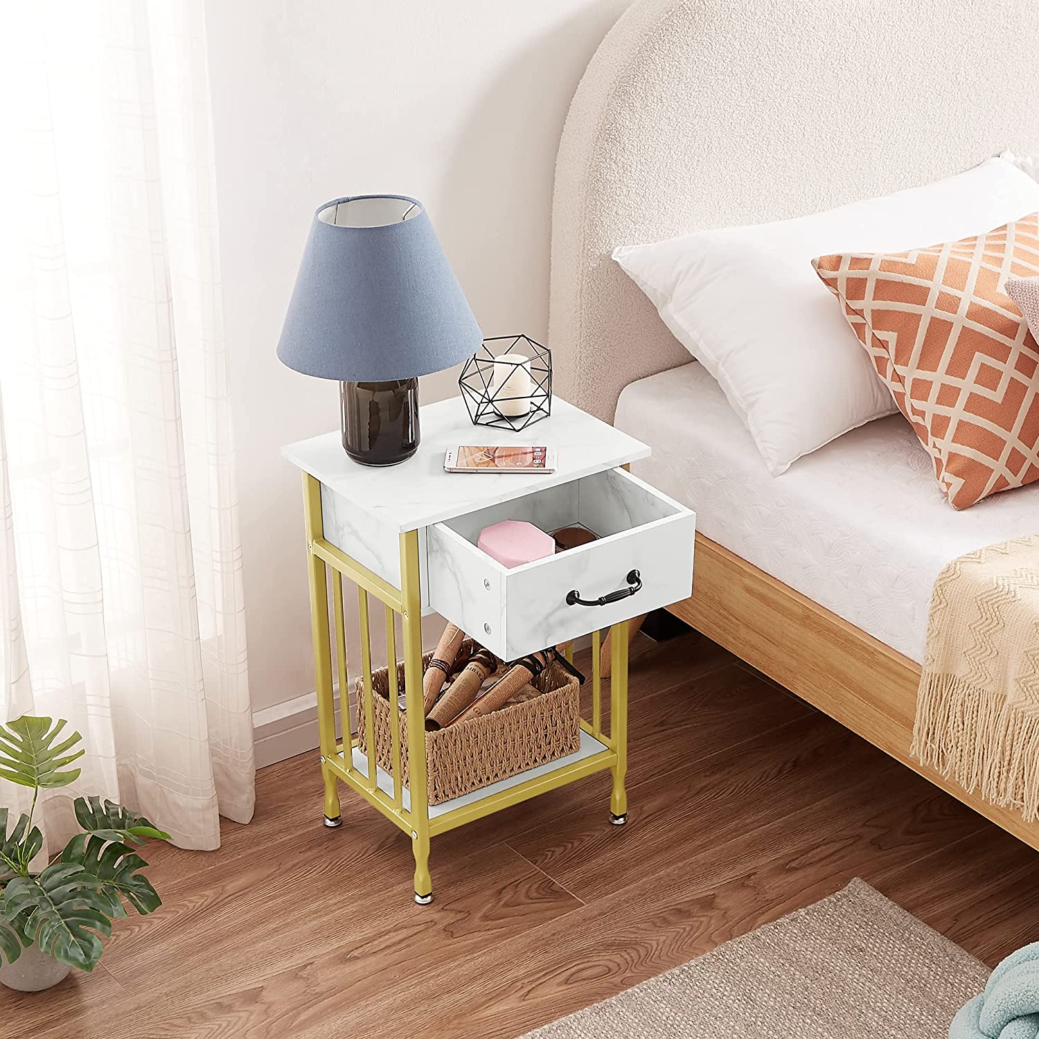 VECELO Industrial End Table,Nightstand with Drawer and Storage Shelf