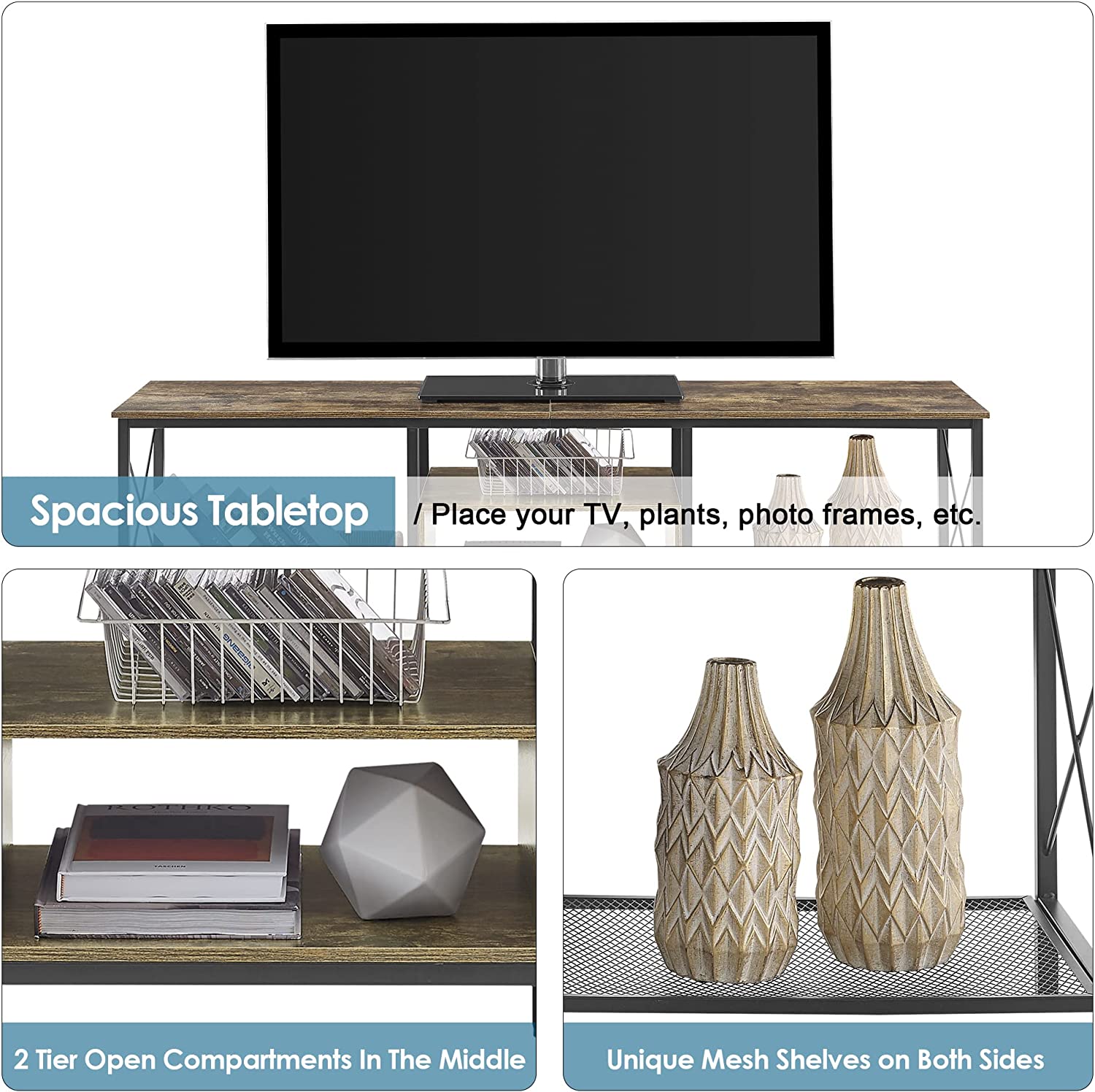 VECELO Industrial TV Stand Television Cabinet 3-Tier Console with Open Storage Shelves, Entertainment Center with Metal Frame for Living Room