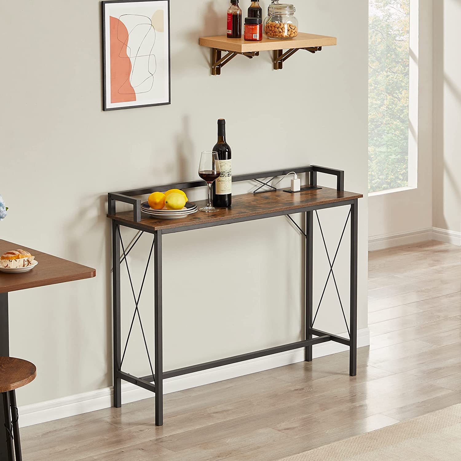 VECELO Extra Long Entryway Narrow Sofa Couch Behind Console Table with Power Outlet & USB Ports