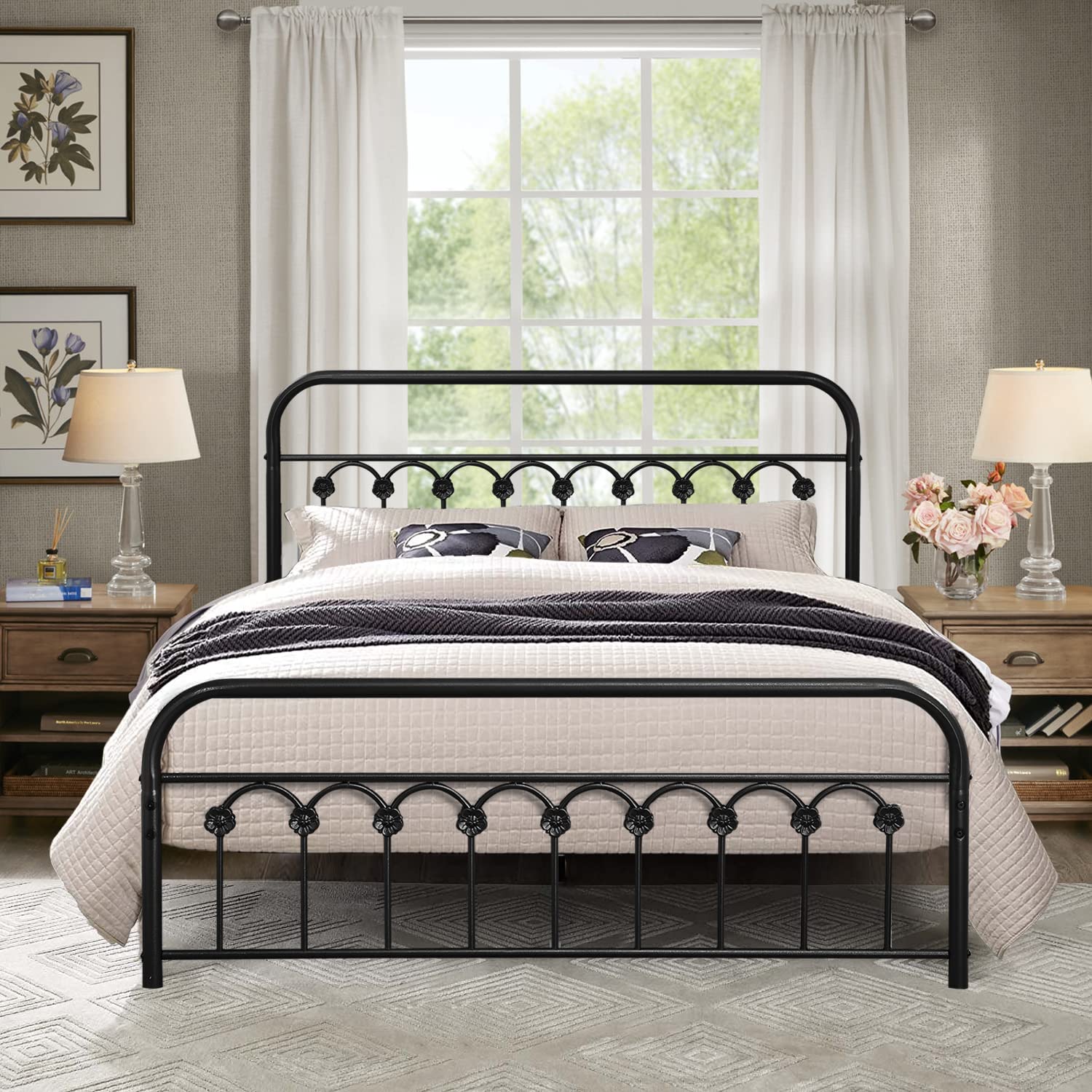 VECELO Metal Bed Frame/Mattress Foundation with Vintage Flower Headboard & Footboard