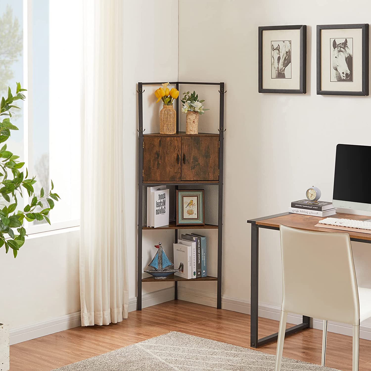 VECELO 5 Tier Corner Storage Cabinet with Wooden Shelves Free-Standing Organizer - VECELO