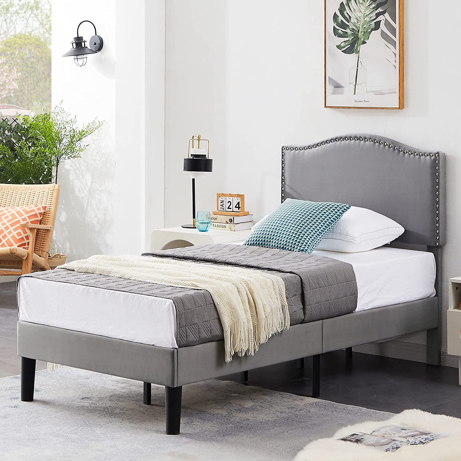 VECELO Bed Frame Platform with Upholstered Headboard & Wooden Slats Support - VECELO