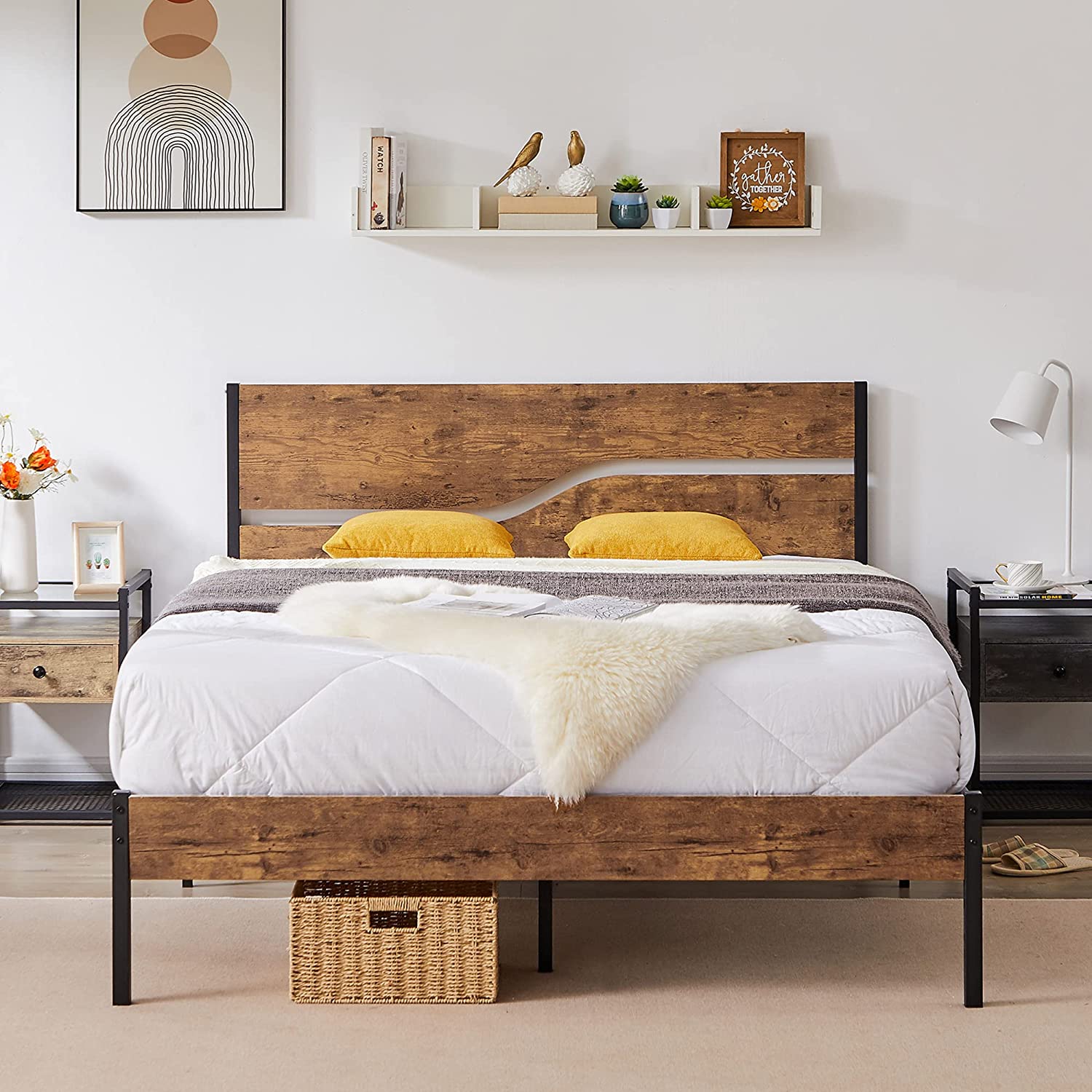 VECELO Platform Bed Frame/Mattress Foundation with Rustic Vintage Wood Headboard