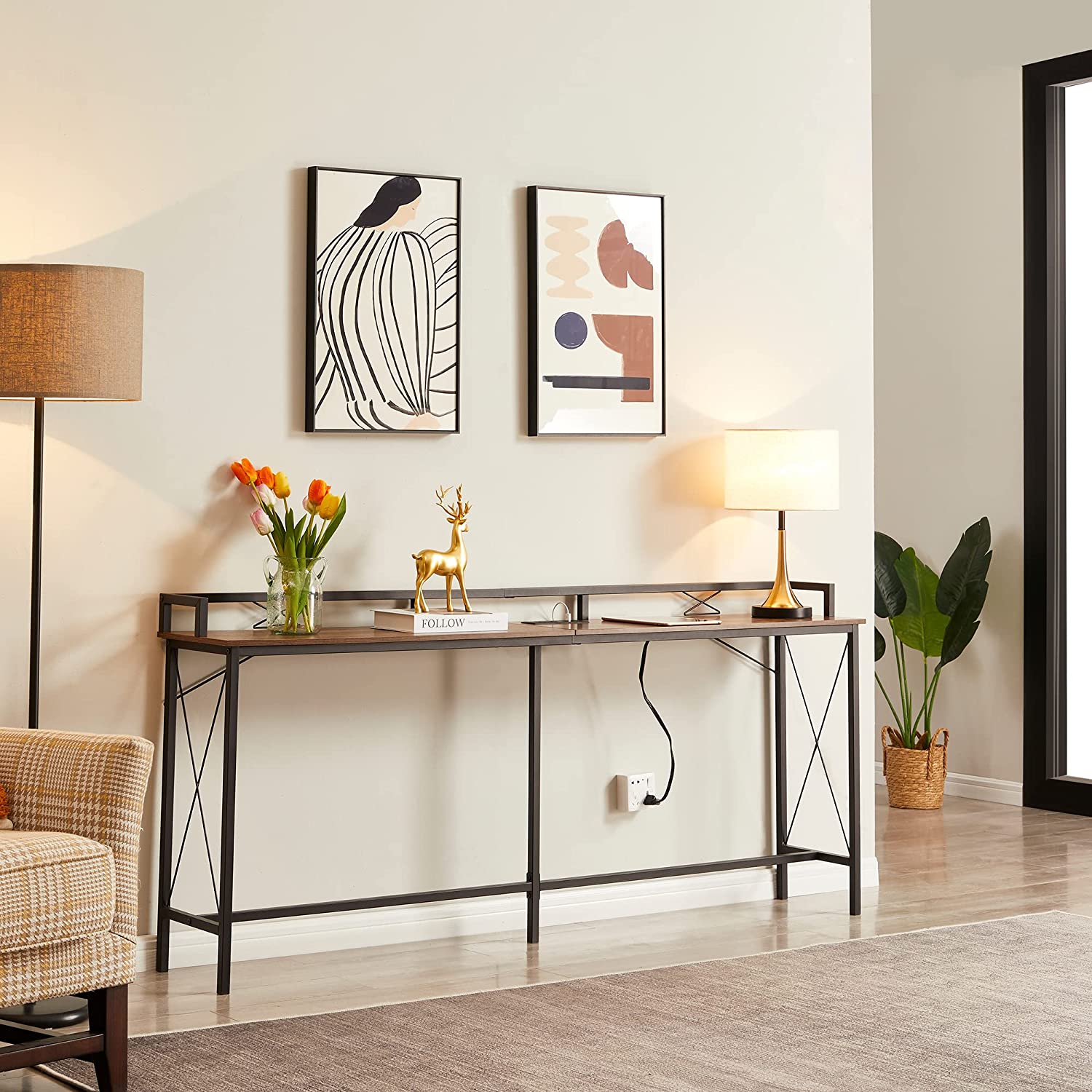 VECELO Extra Long Entryway Narrow Sofa Couch Behind Console Table with Power Outlet & USB Ports