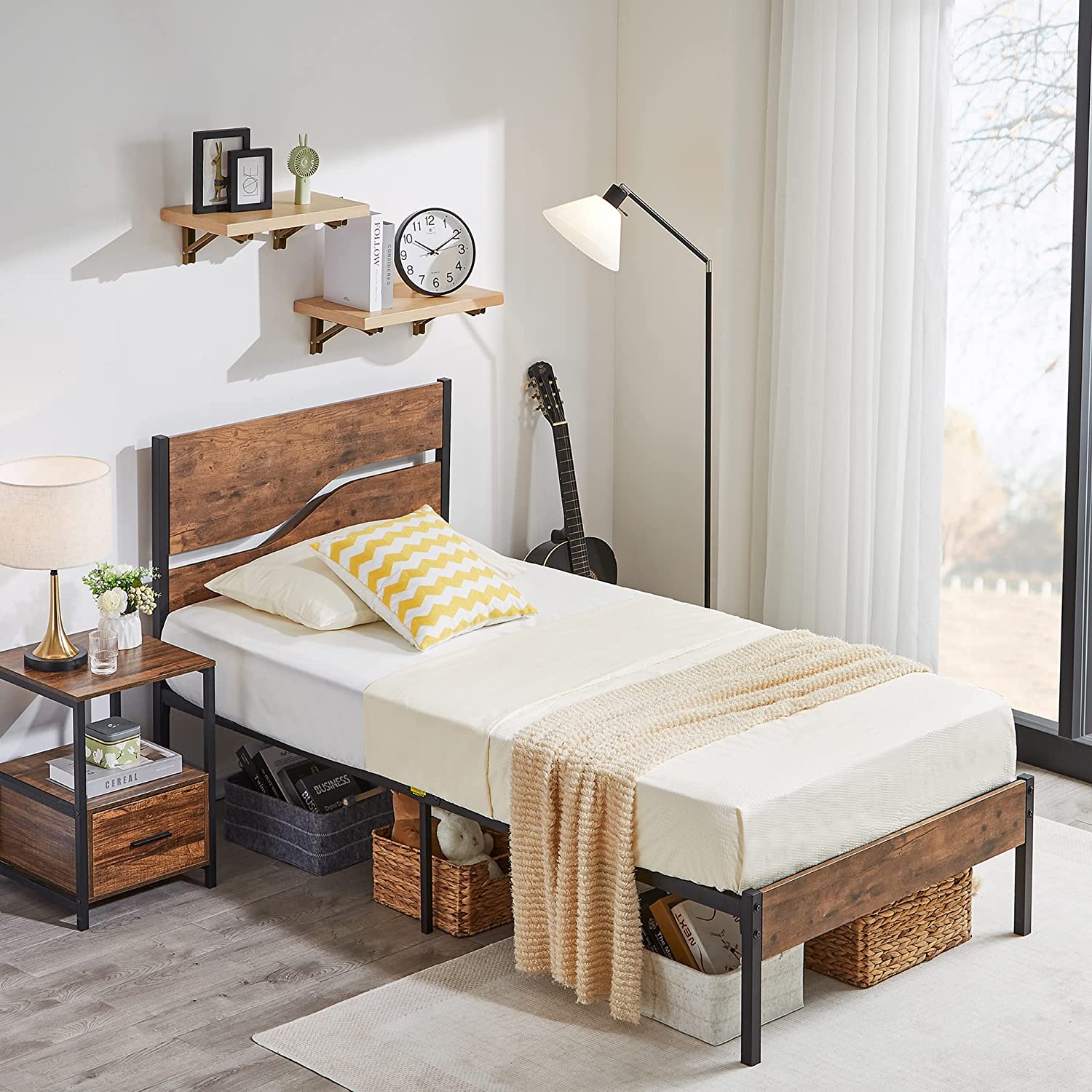 VECELO Platform Bed Frame/Mattress Foundation with Rustic Vintage Wood Headboard
