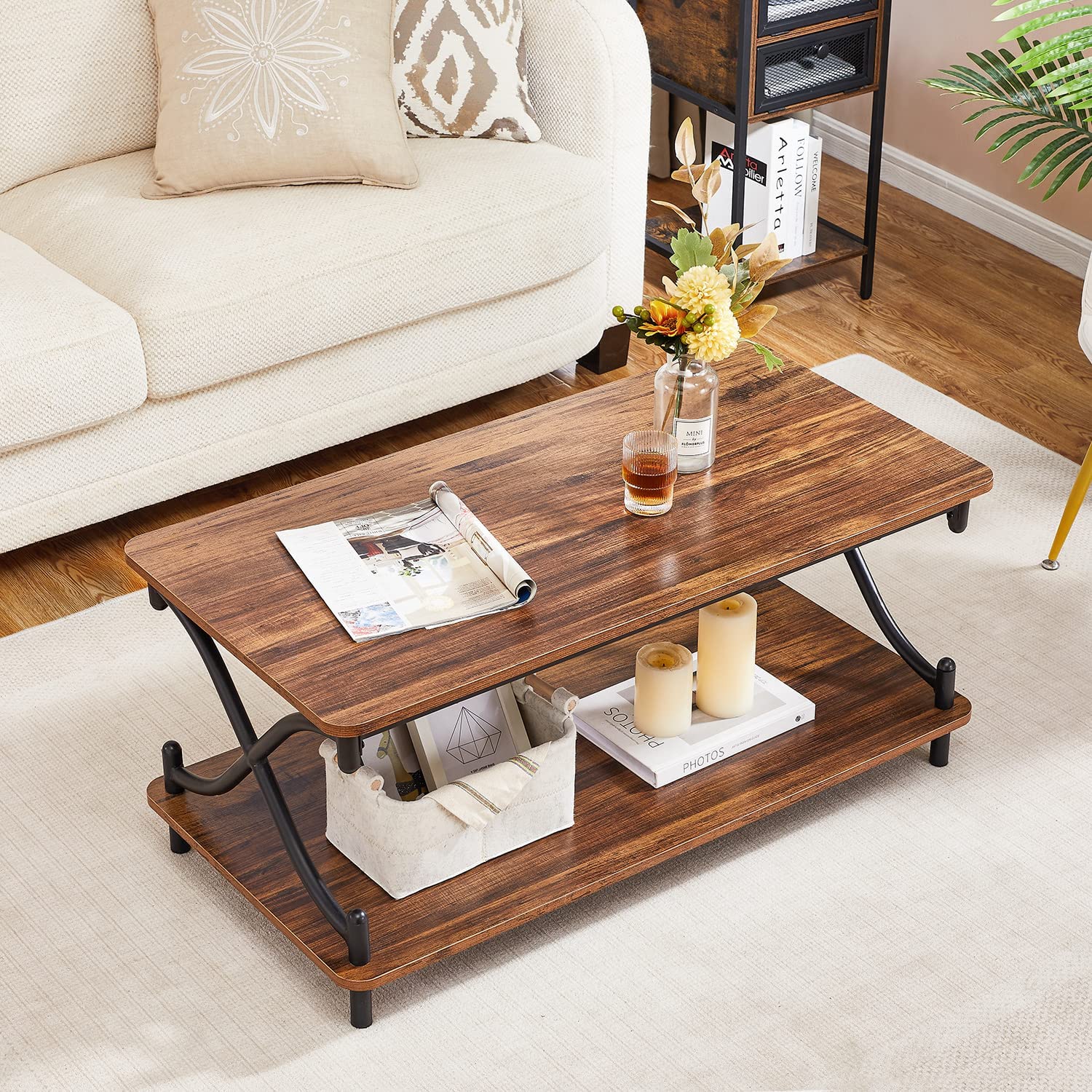 VECELO Coffee Table with Storage and Open Shelves for Living Room X-Shape Frame
