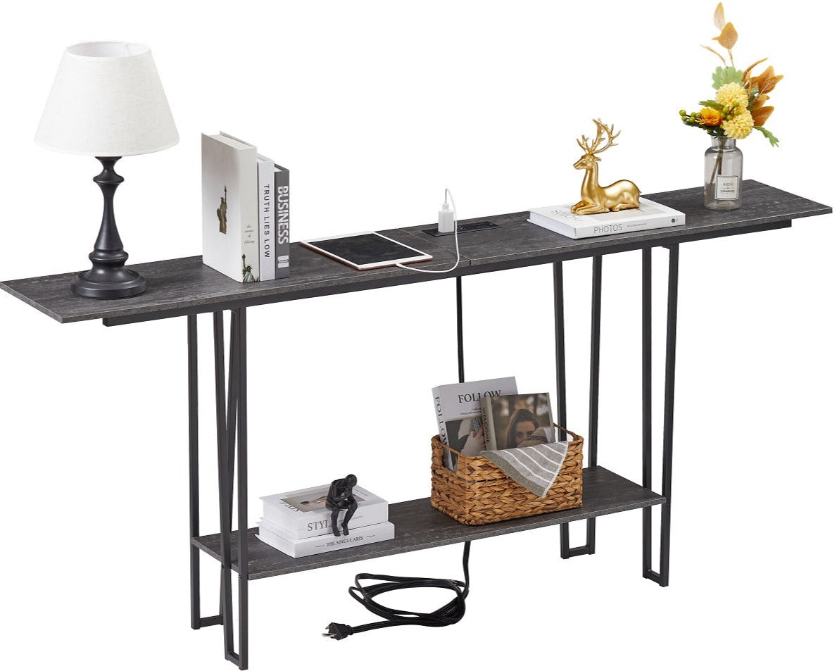 VECELO Couch Side & Console Table with 2 Outlets & 2 USB Ports