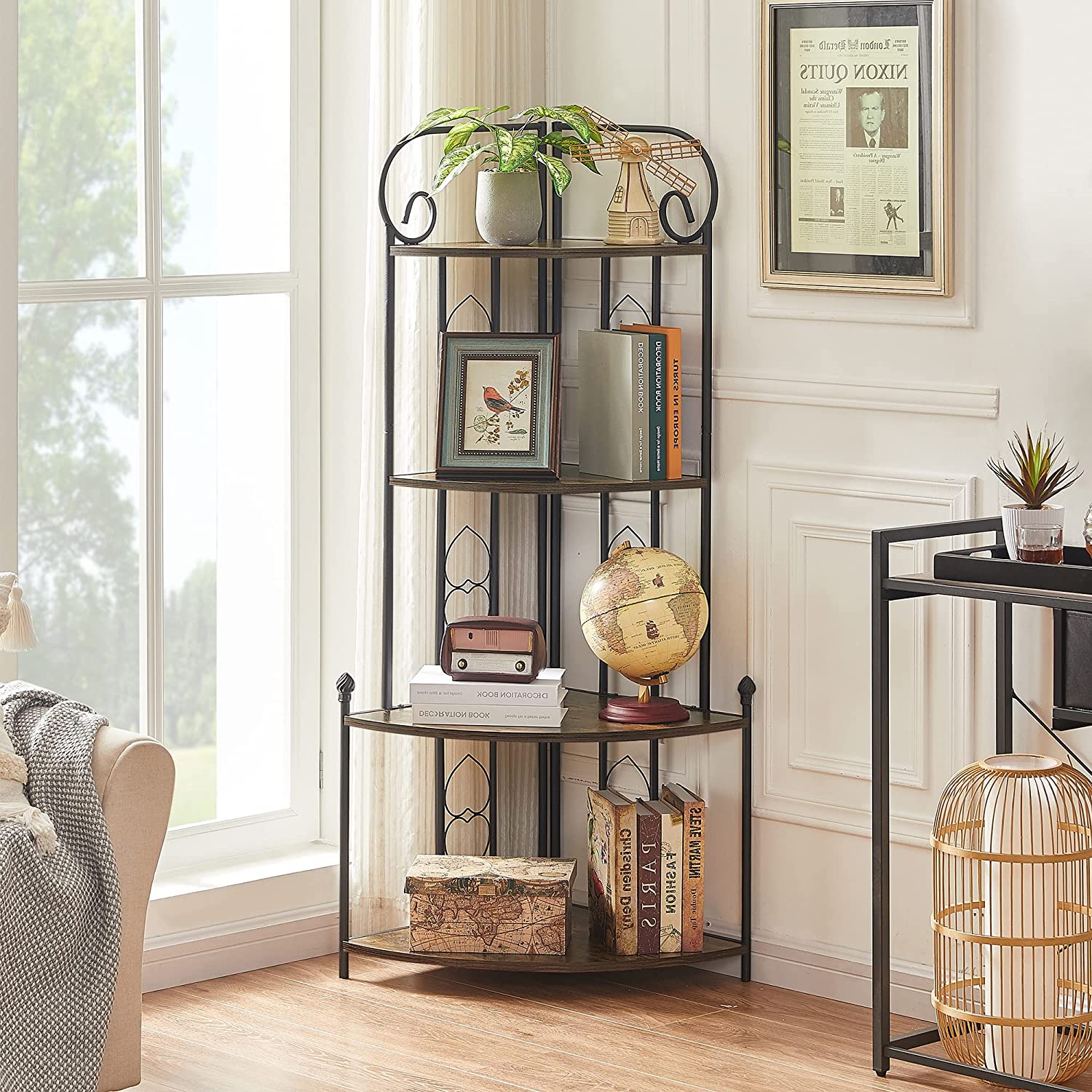 VECELO 4-Tier Ladder Corner Storage Shelf with Metal Frame, Multipurpose Bookshelf Bookcase - VECELO