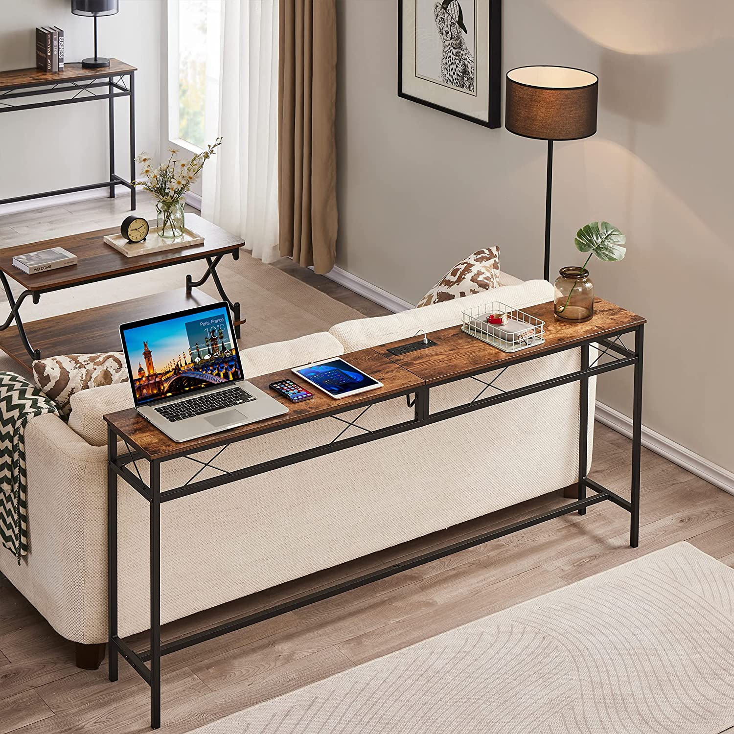 VECELO Extra Long Narrow Sofa/Console Table with Charging Station & Power Outlet and USB Ports