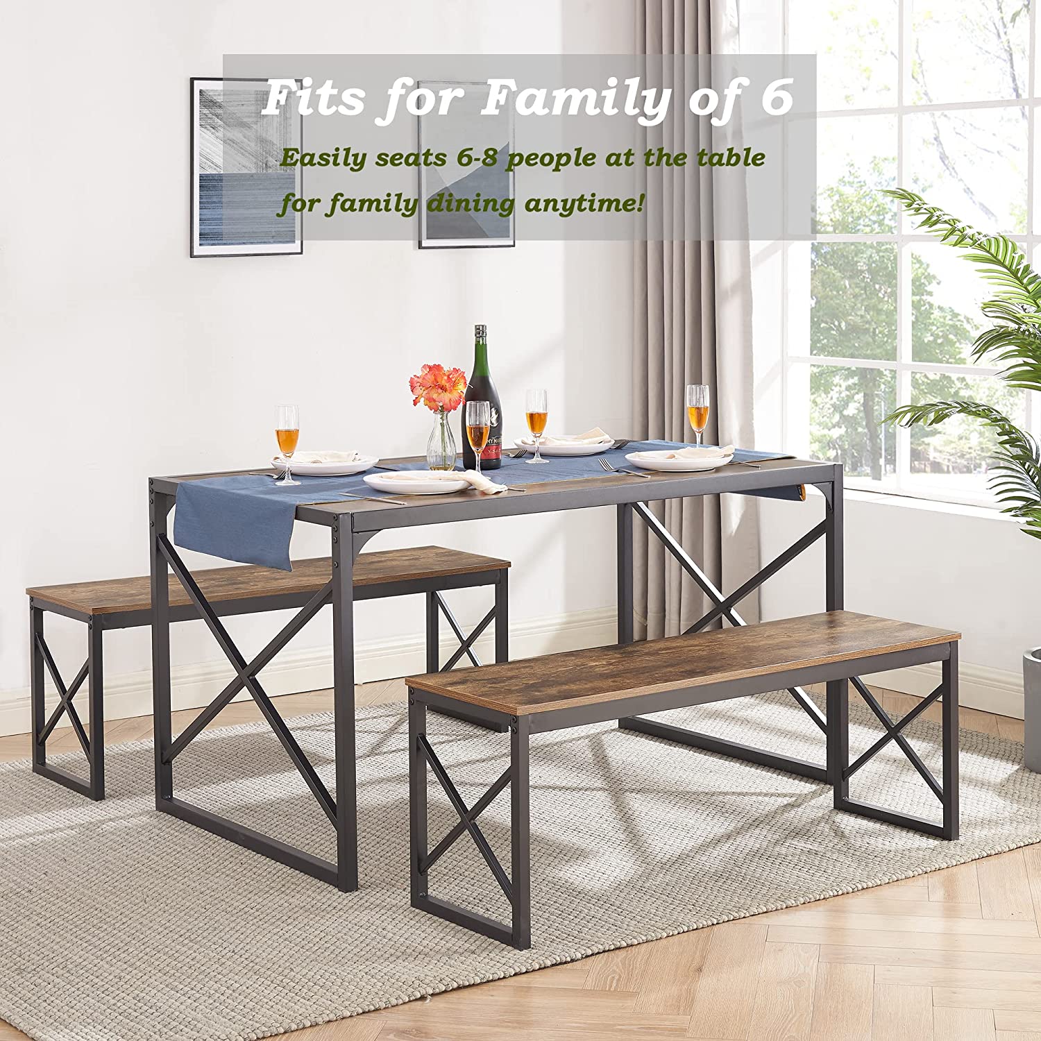 VECELO Kitchen Table with 2 Benches for 4