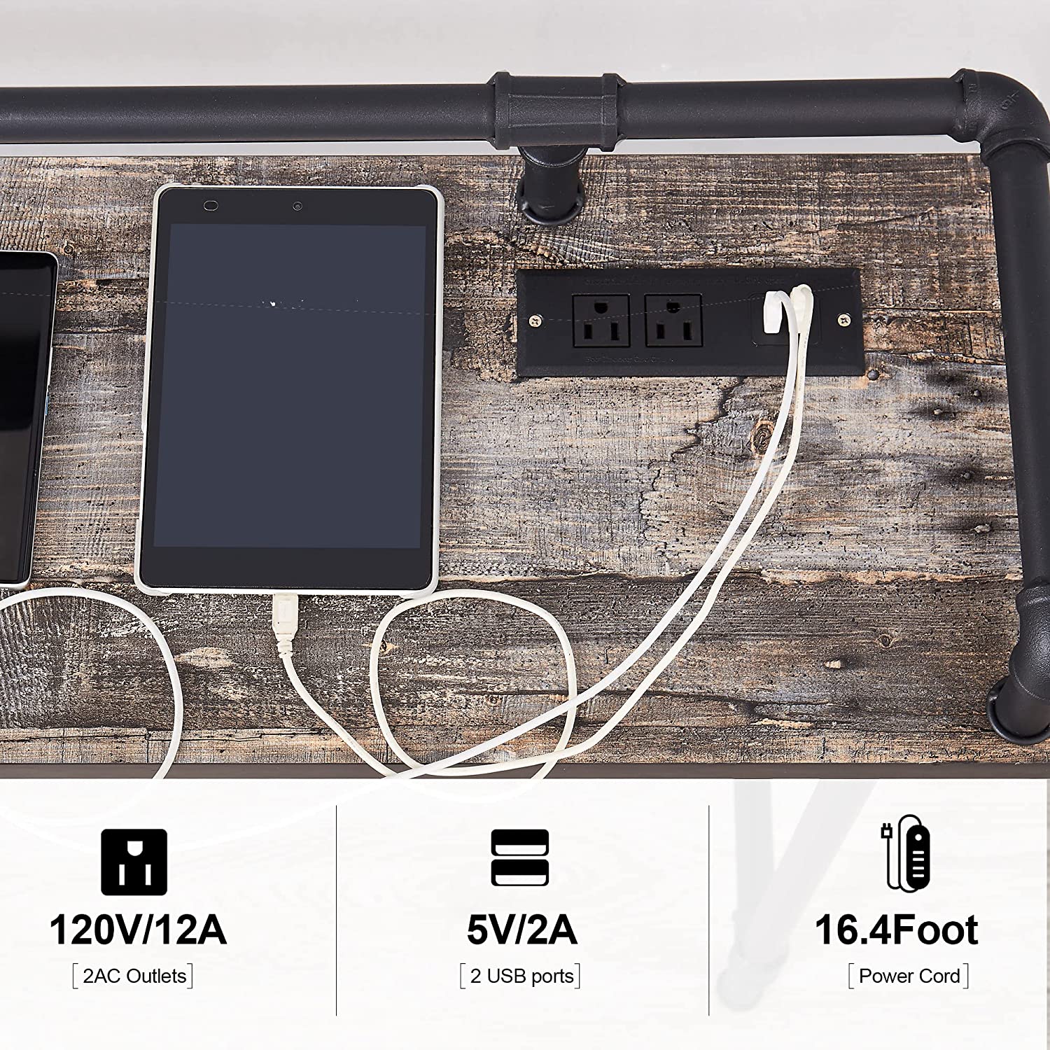 VECELO Extra Long Console/Sofa Table with Charging Station&Power Outle