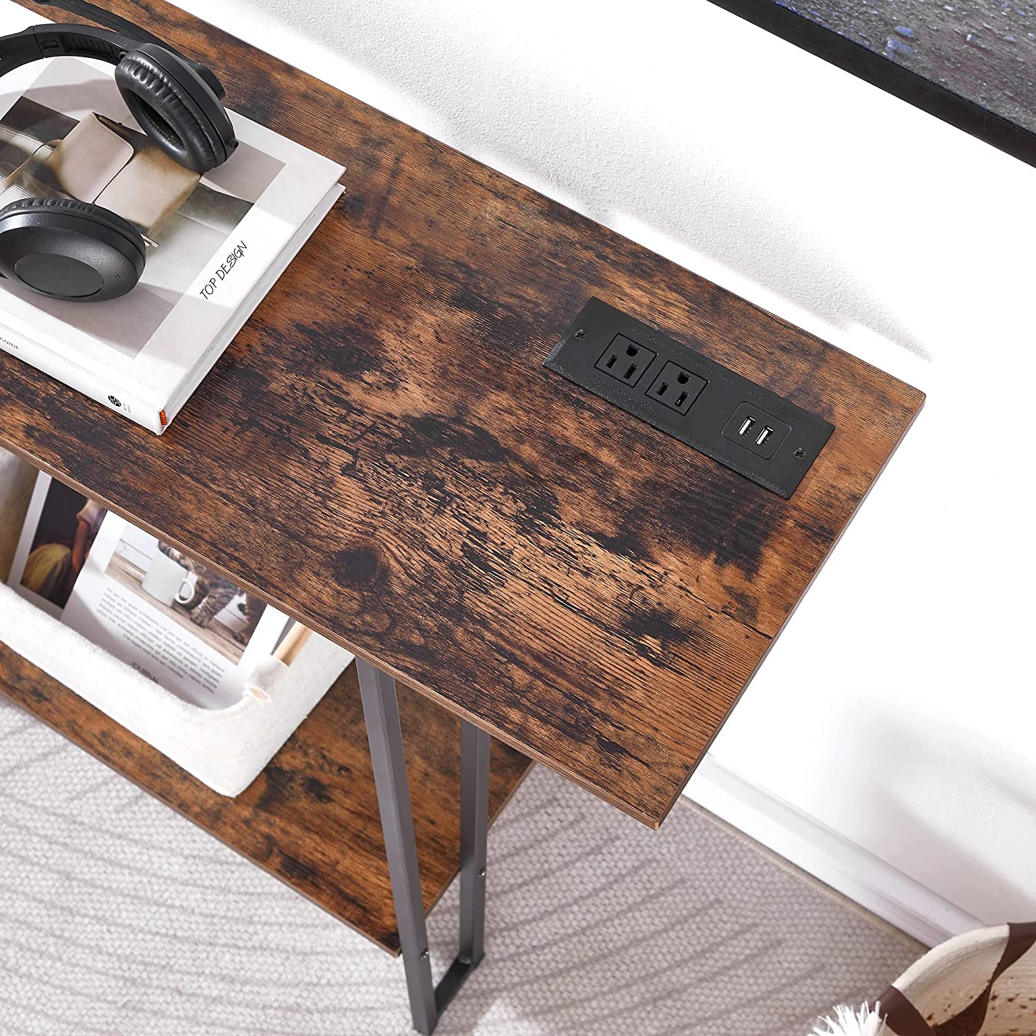 VECELO Couch Side & Console Table with 2 Outlets & 2 USB Ports