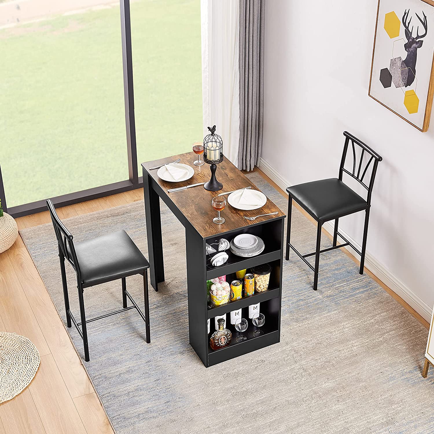 VECELO Small Bar Table and Chairs Tall Kitchen Breakfast Nook with Stools/Dining Set for 2