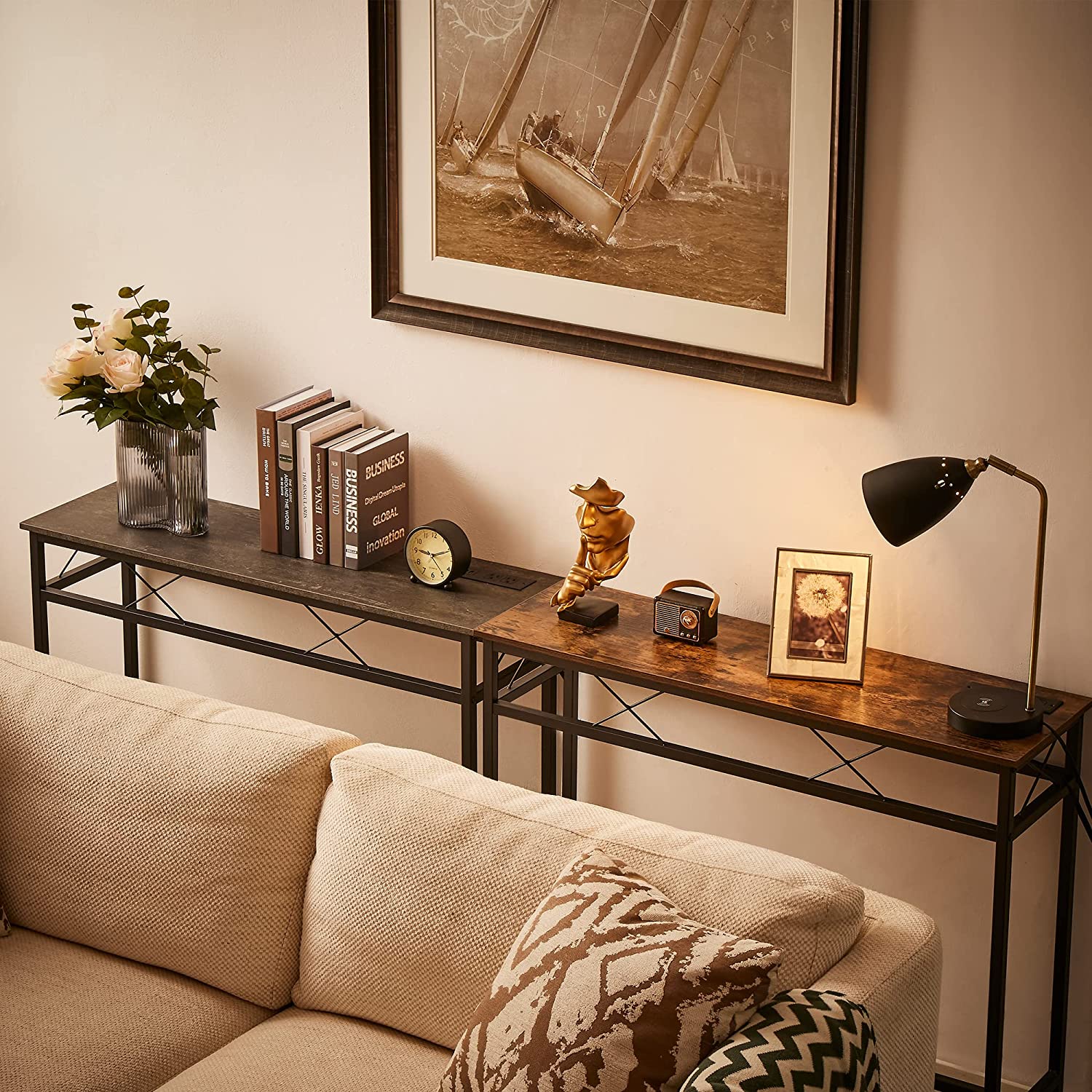 VECELO Extra Long Narrow Sofa/Console Table with Charging Station & Power Outlet and USB Ports