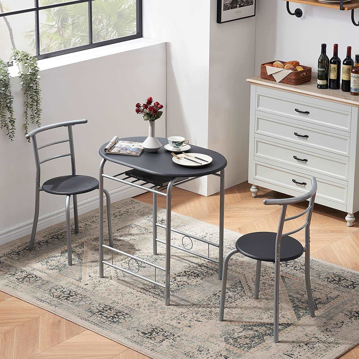VECELO 3-Piece Dining Table Set/Round Tabletop Chair for Kitchen