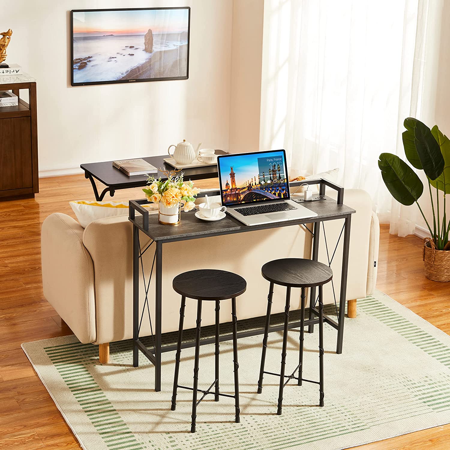 VECELO Extra Long Entryway Narrow Sofa Couch Behind Console Table with Power Outlet & USB Ports