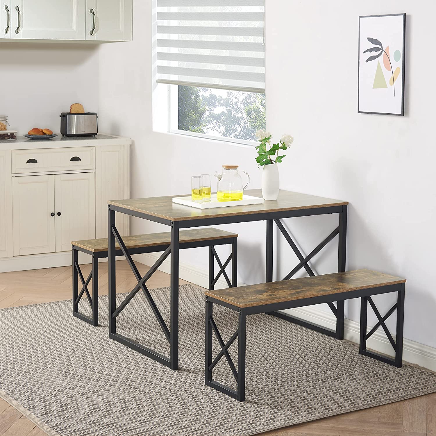 VECELO Kitchen Table with 2 Benches for 4