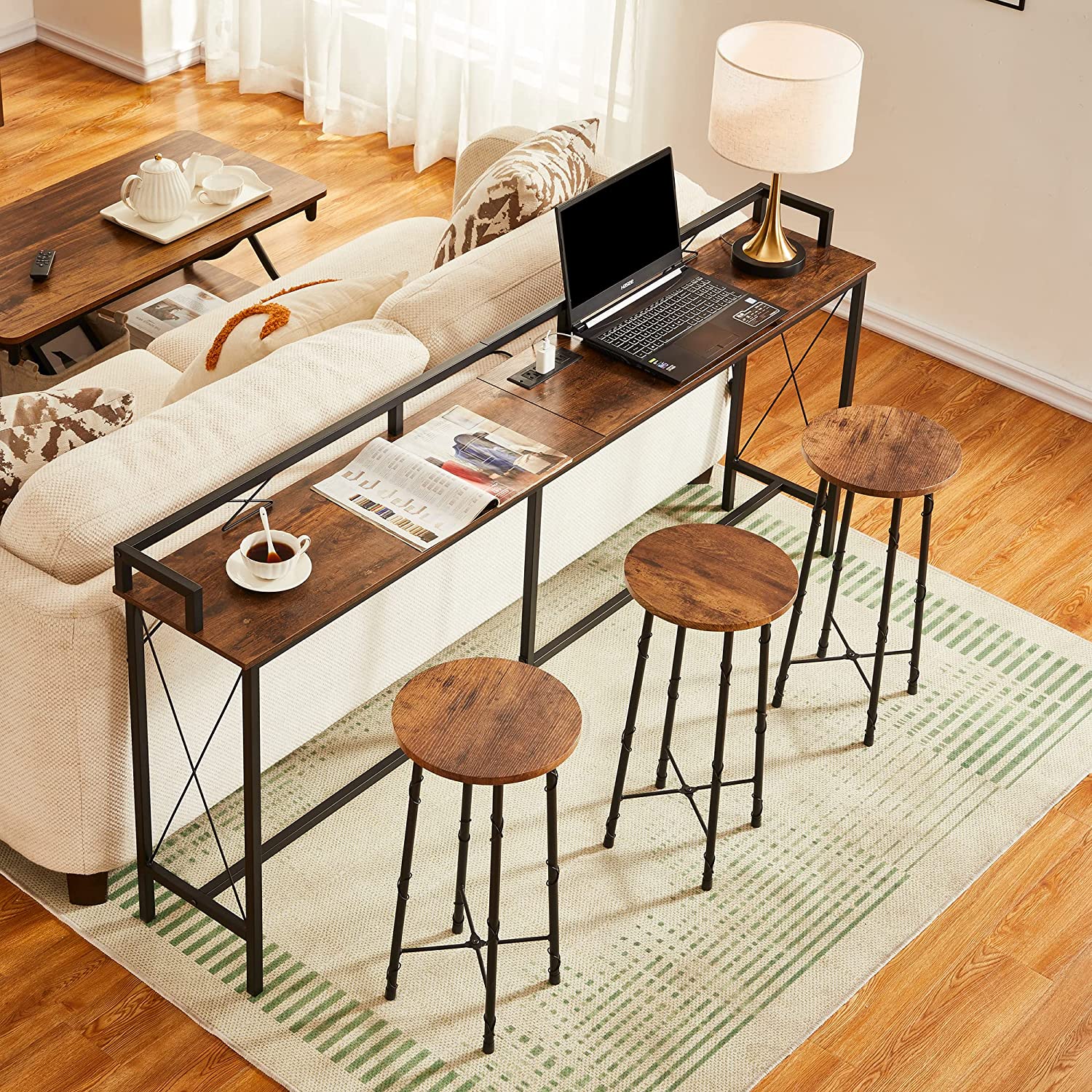 VECELO Extra Long Entryway Narrow Sofa Couch Behind Console Table with Power Outlet & USB Ports