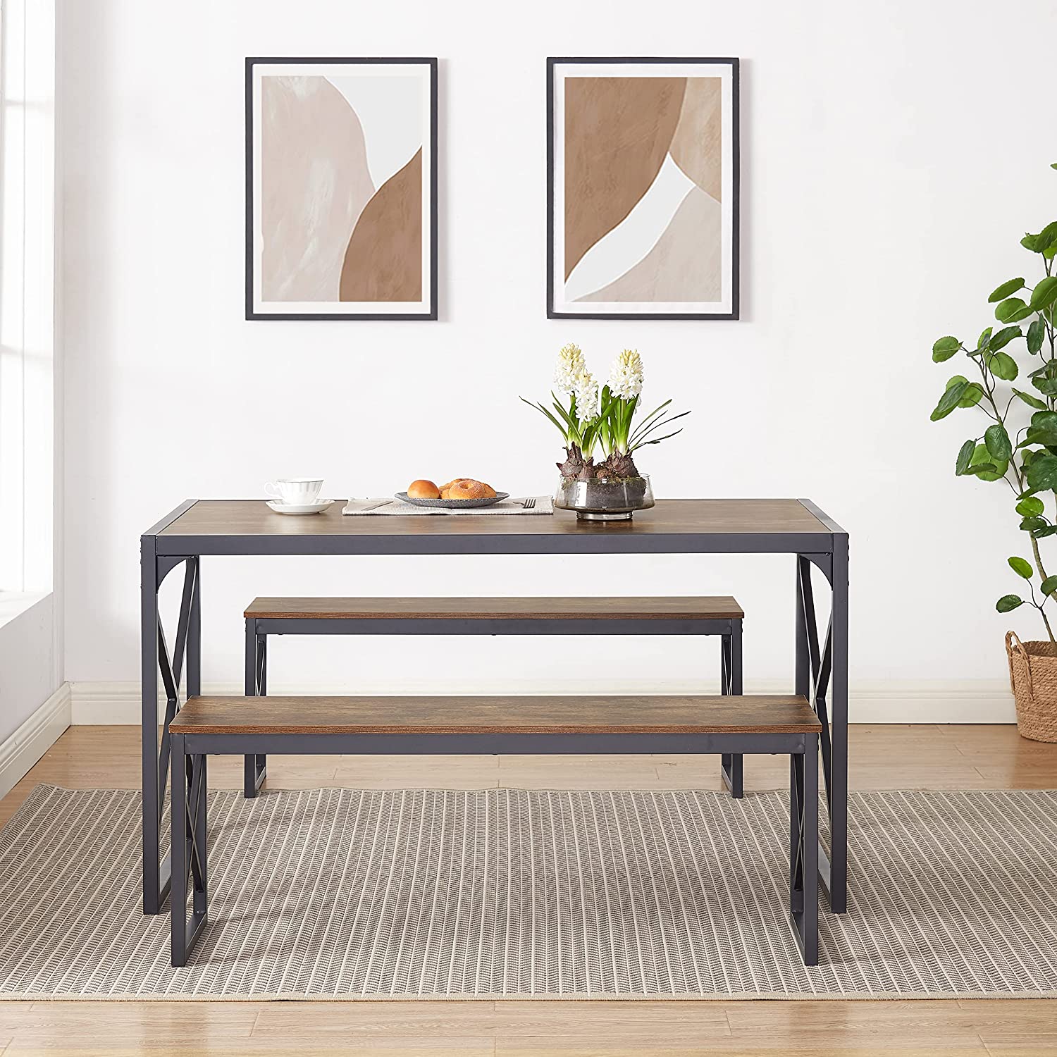 VECELO Kitchen Table with 2 Benches for 4
