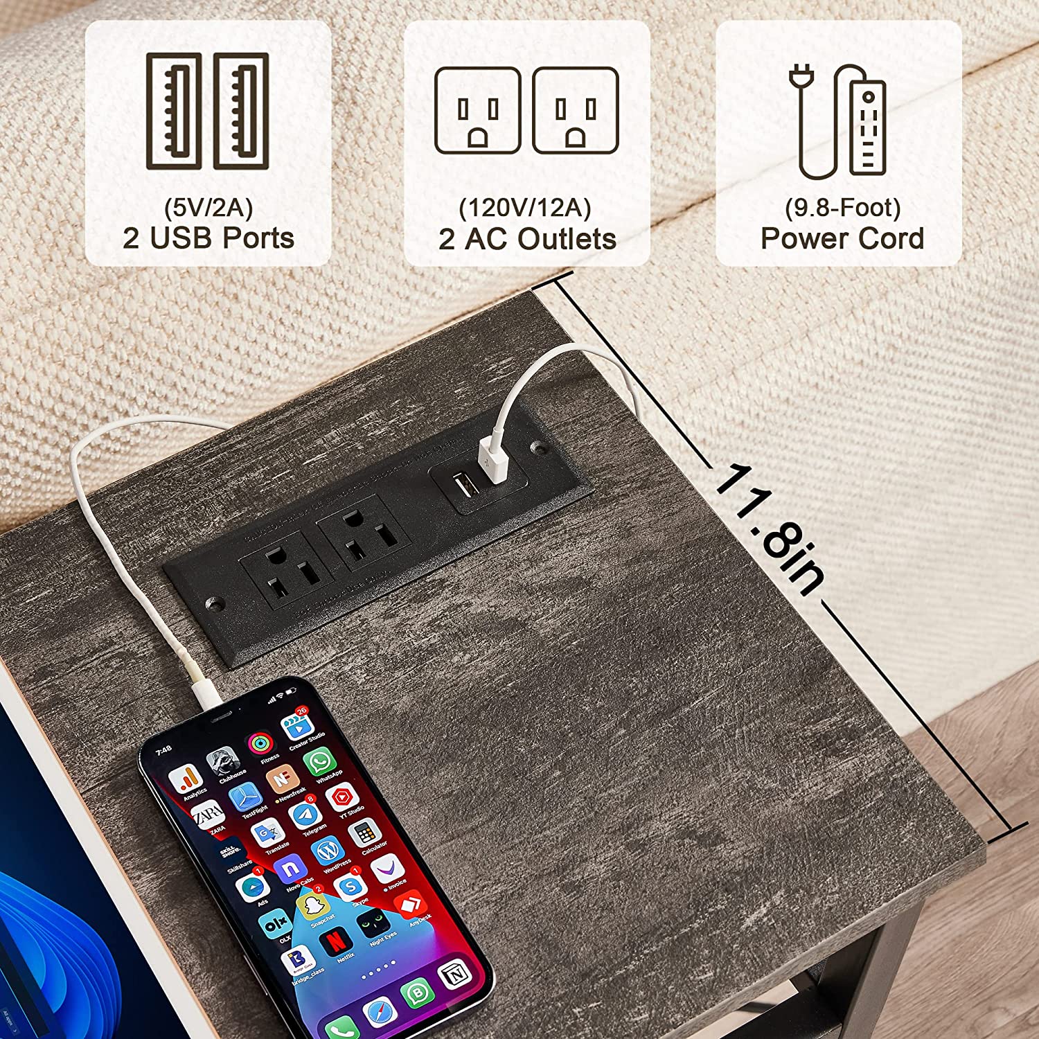 VECELO Extra Long Narrow Sofa/Console Table with Charging Station & Power Outlet and USB Ports