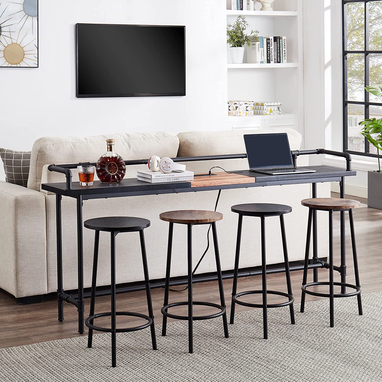 VECELO Extra Long Console/Sofa Table with Charging Station&Power Outle